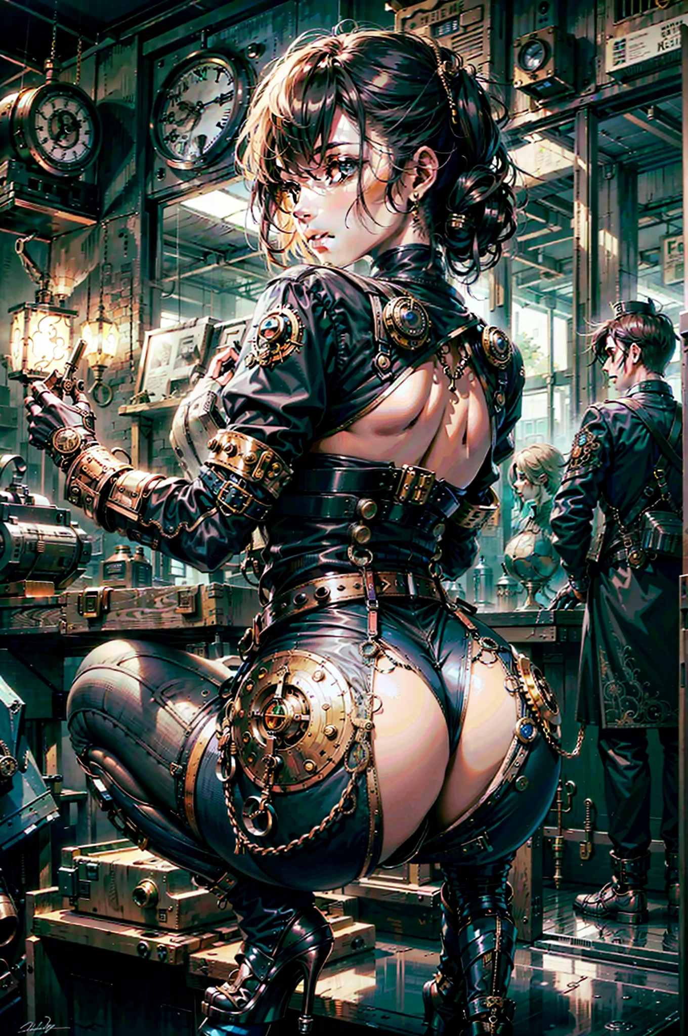 (((steampunk clothes))),big ass, pantalones transparentes, culo muy marcado, piernas desnudas, tacones,