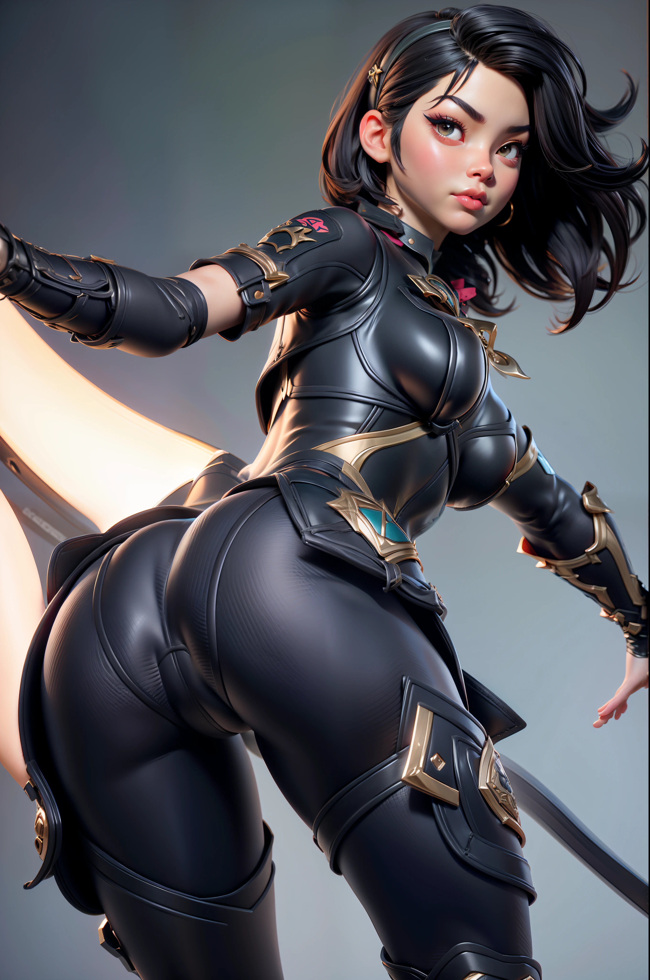3dmm style, (masterpiece, best quality), intricate details, 1girl, solo, akali \(league of legends\), bow hairband, print shirt, tied shirt, black bodysuit, bodysuit under clothes, short hair, print shorts, knee pads, barefoot, cowboy shot, looking at viewer, frown below, POV, (sexy body), ig model | artgerm, wlop | artgerm, style artgerm ,fanart best artstation, butt showing trough thigs, sexy abdomen, siting, big bottom lips