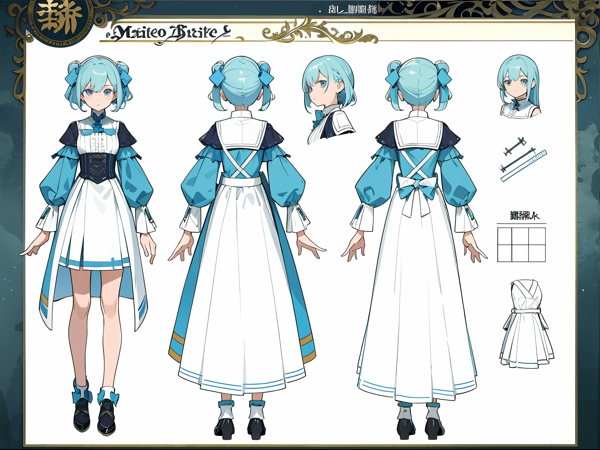 (Masterpiece, best quality) detailed, character sheet, many items (+ detailed item description in english, many parts), + character description, full of details