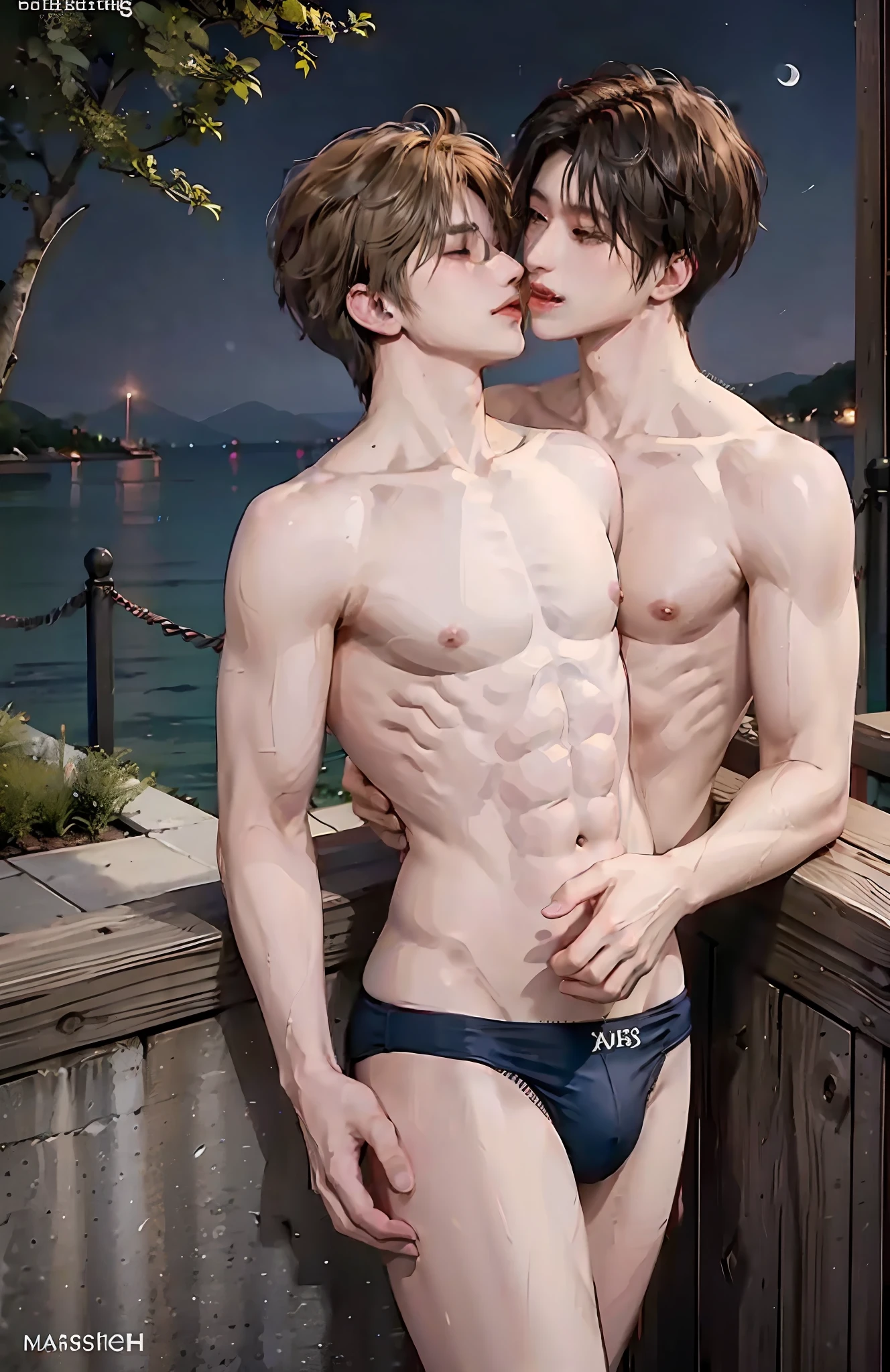 Masterpiece, top quality, two men, adult, in a small speedos, shirtless, abs, kiss on the neck, tall muscles, handsome and delicate eyes, intricate details, clear water, moonlit night, smile, aesthetic, romantic, dreamy, kissing, deep kiss