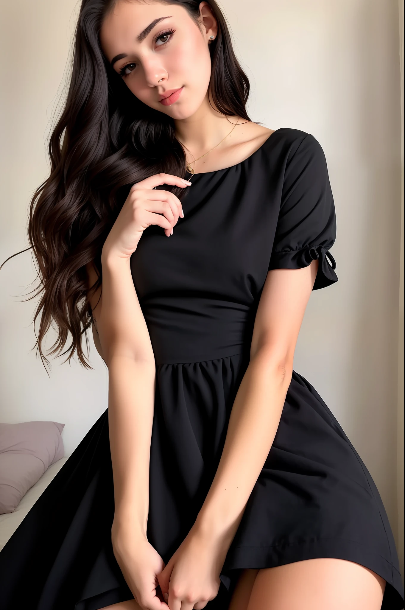 Garota ilatiana loira olhos azuis, 18 anos, wearing classic black dress, sentado, pernas cruzadas, sorrir, girly, dinheiro velho, esthetic, corpo perfeito, luz de Instagram, modelo