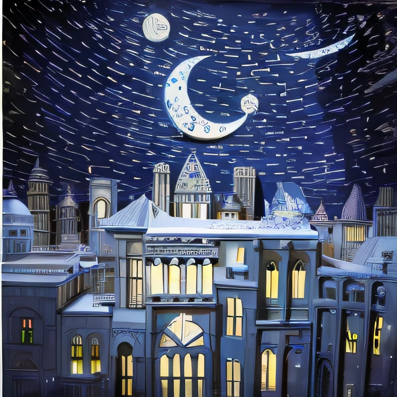 There is a paper cut of a building，There is a moon on it, arte em papel cortado, David Wiesner, layered paper art, paper art, city on the moon, moonlit backdrop, Inspired by Alasdair Gray, magical, Under the silent night sky, themed on the stars and moon, baroque painting. star lit sky, Inspired by Rob Gonçalves, Amazing --auto