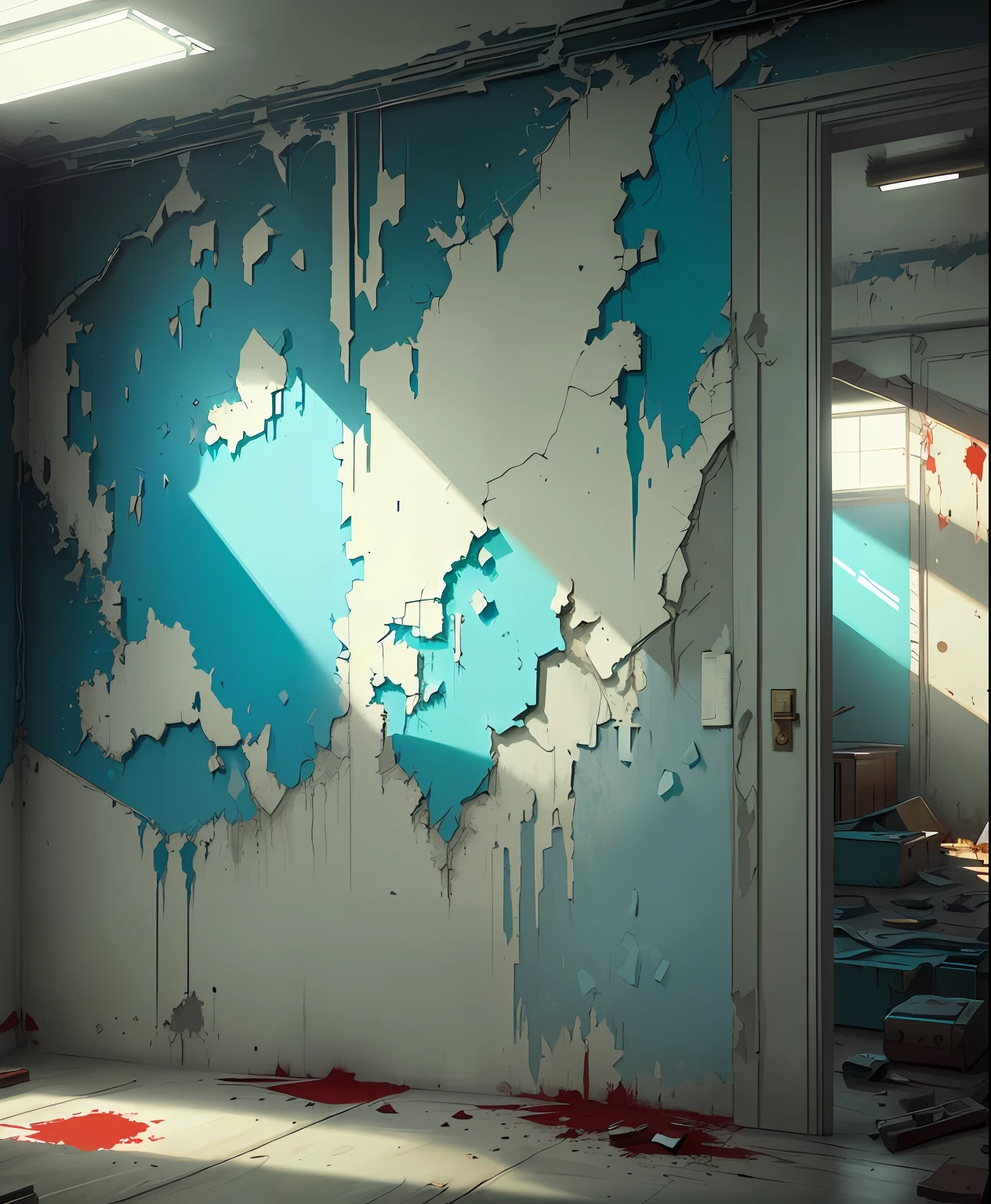 There is a photo of a room with a wall, painted map, interior background art, background art, The Shattered Wall, The Broken Wall, random background scene, painted as a game concept art, low detailed. Digital Painting, blood stains on the walls, painted in high resolution, videogame still, Personal Room Background, painted in anime painter studio, anime background art