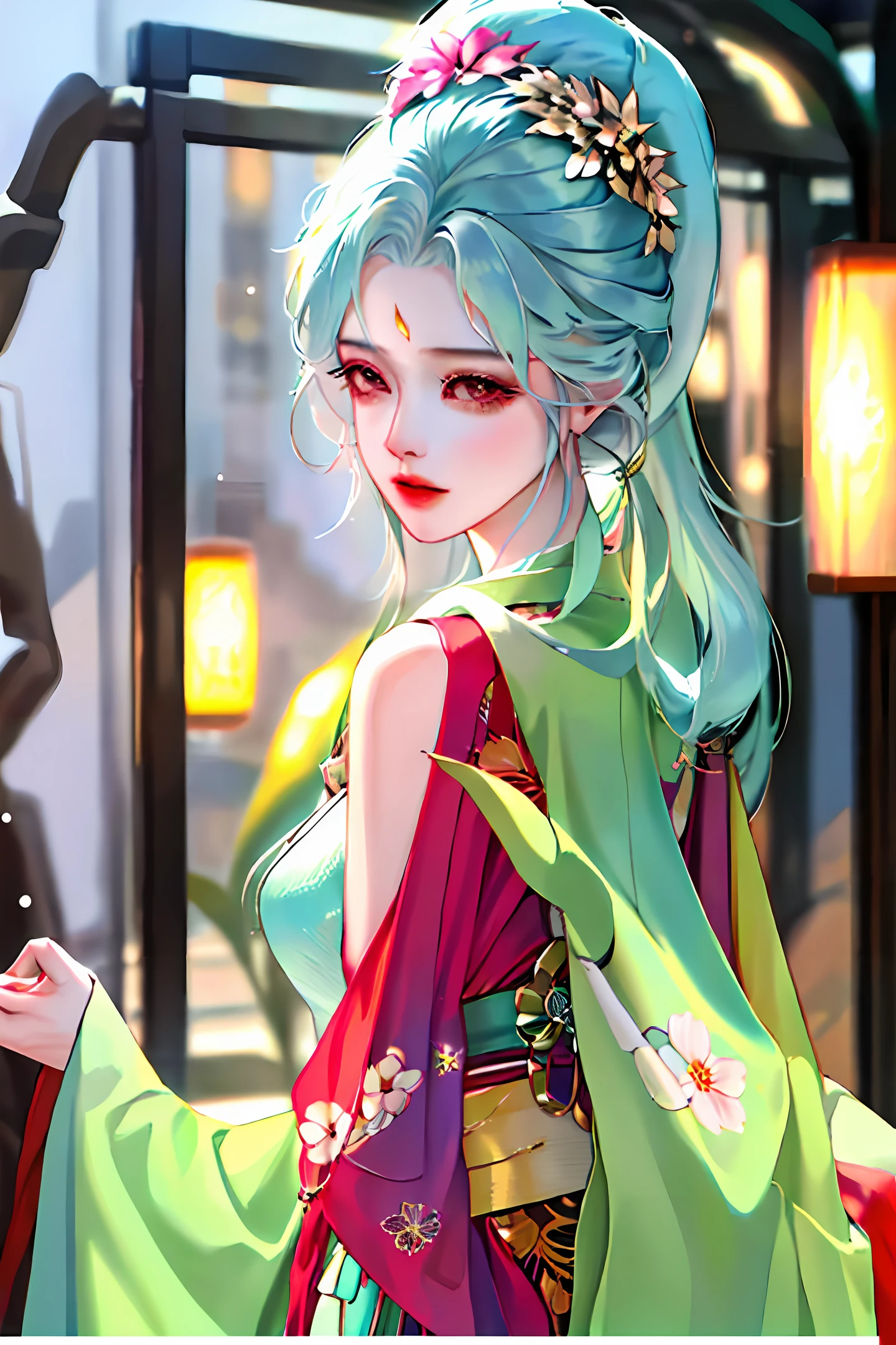ultra high res, best quality, photo, 4k, (photorealistic:1.4),
1girl, high ponytail, 
hanfugirl,light green hanfu, floral print, 
arms behind back,