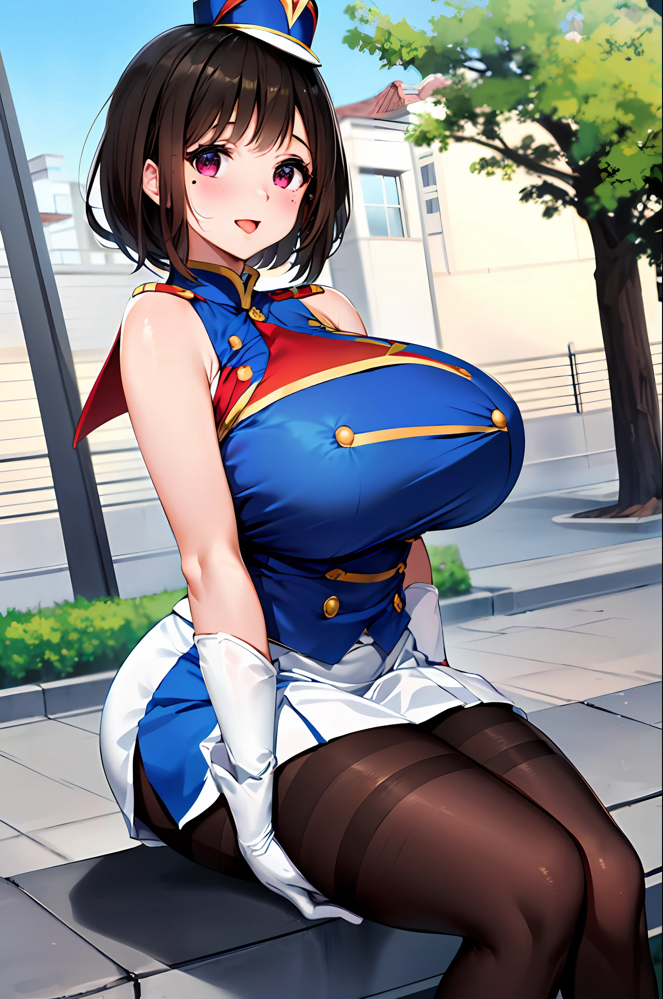 ​masterpiece, top-quality, Hi-Res, 1girl in, 独奏, brown haired, shorth hair, a purple eye, Mole under the eyes, Hats, band uniform, Sleeveless, white glove, pleatedskirt, knee boots(chubby:1.3),(Black pantyhose:1.3),(huge-breasted:1.2),(Colossal tits:1,2),thick thighs, Big hips,cowboy  shot, A smile, open open mouth,(red blush:1.2),plein air,(M-shaped legs:1.2),(Show your pants:1.2),(Sit up:1.1),(put out the tongue:1.1)