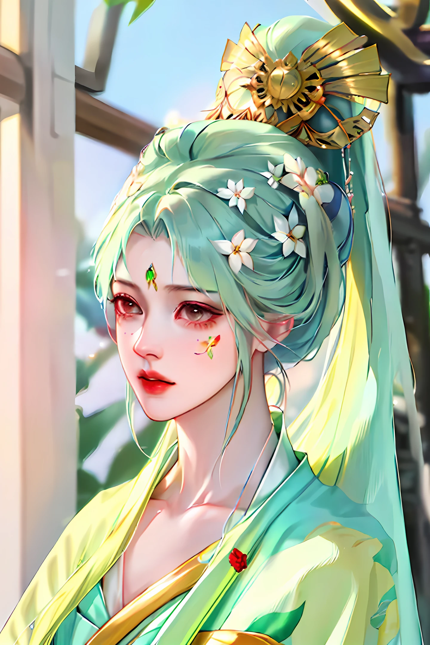 ultra high res, best quality, photo, 4k, (photorealistic:1.4),
1girl, high ponytail, 
hanfugirl,light green hanfu, floral print, 
arms behind back,