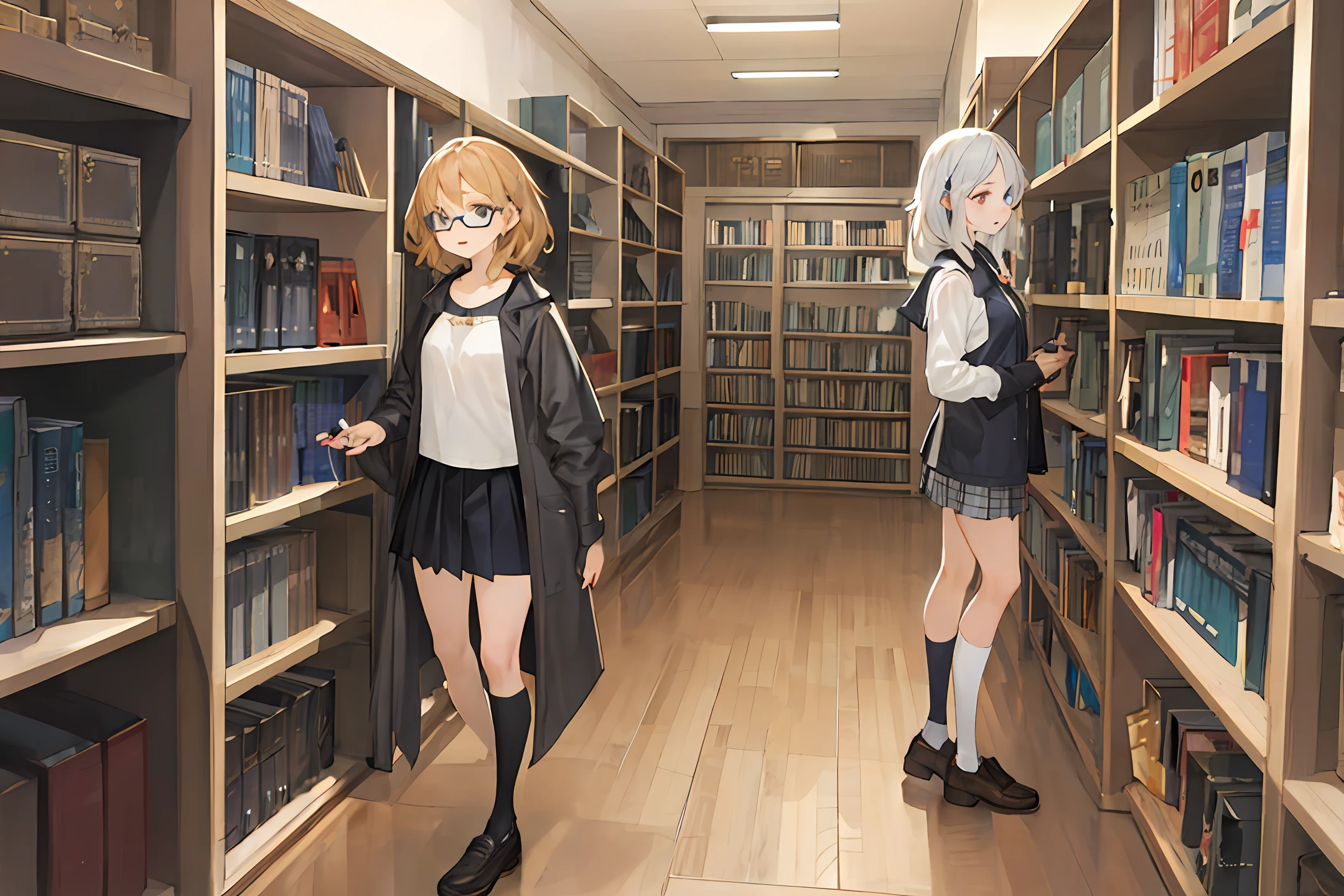 Square glasses,largeeyes,Pentagram pupil,cabelos preto e longos,Wear a coat,There is a sweatshirt inside,Pleated skirt white over-the-knee socks,Canvas shoe expression:Embarrassment Library