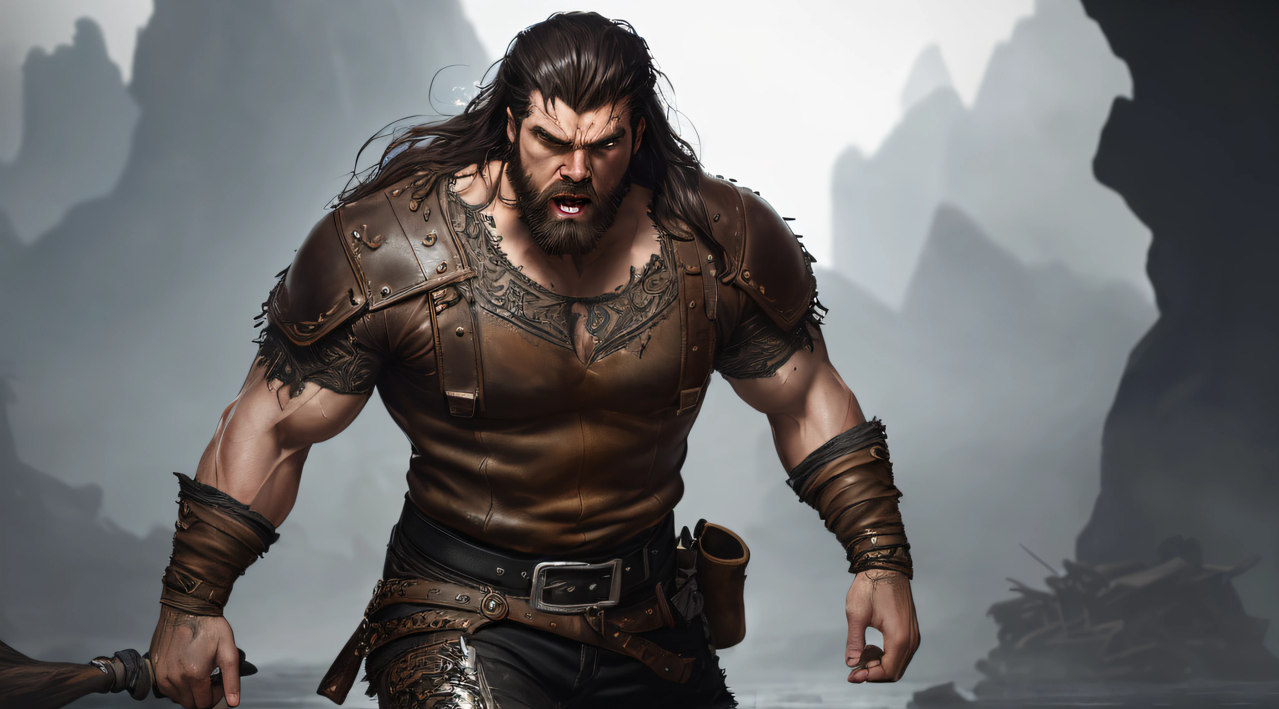 soft lustrous male hero, ((epic heroic fantasy muscular rugged wet hero angry looking with long hair and beard and fierce looking)), full body 32k unity render, action shot, skin pores, very dark lighting, heavy shadows, detailed, detailed face, (vibrant, photo realistic, realistic, dramatic, dark, sharp focus, 32k), (weathered damaged old worn leather outfit:1.4), (intricate:1.4), decadent, (highly detailed:1.4), digital painting, octane render, artstation, concept art, smooth, sharp focus, illustration, art by artgerm, (loish:0.23), wlop ilya kuvshinov, and greg rutkowski and alphonse mucha gracias, (global illumination, studio light, volumetric light)