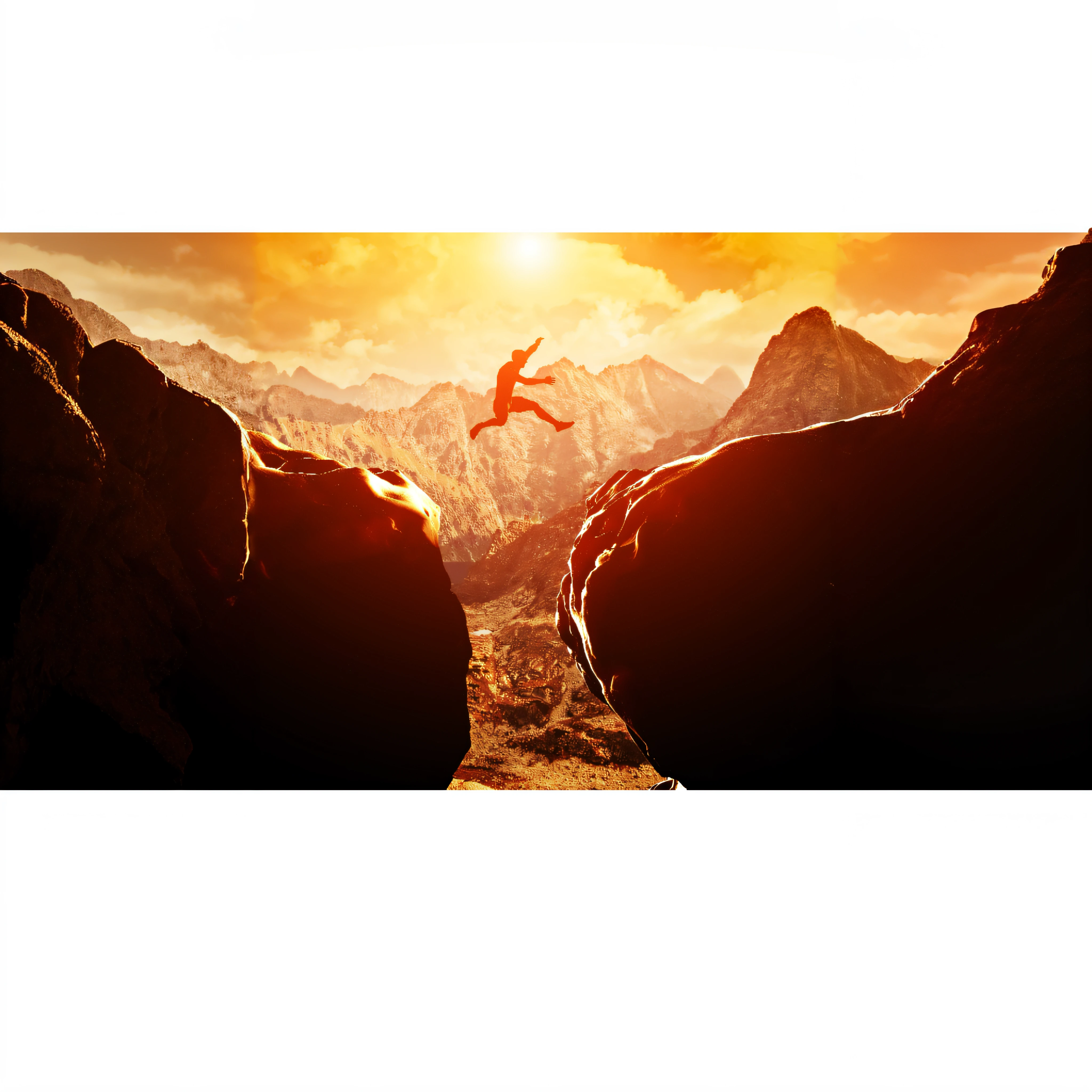 There's a man jumping over a rock in the mountains, Leap of Faith, Saltar, Motivacional, Erguendo-se da Cordilheira, you won't believe it, sem arredores, Escalada, Pulando no ar, leaping towards viewer, caindo de um penhasco, iniciante, incredible depth, jumping towards viewer, very epic, Cliffside, Inspirador, Pulando, montanha