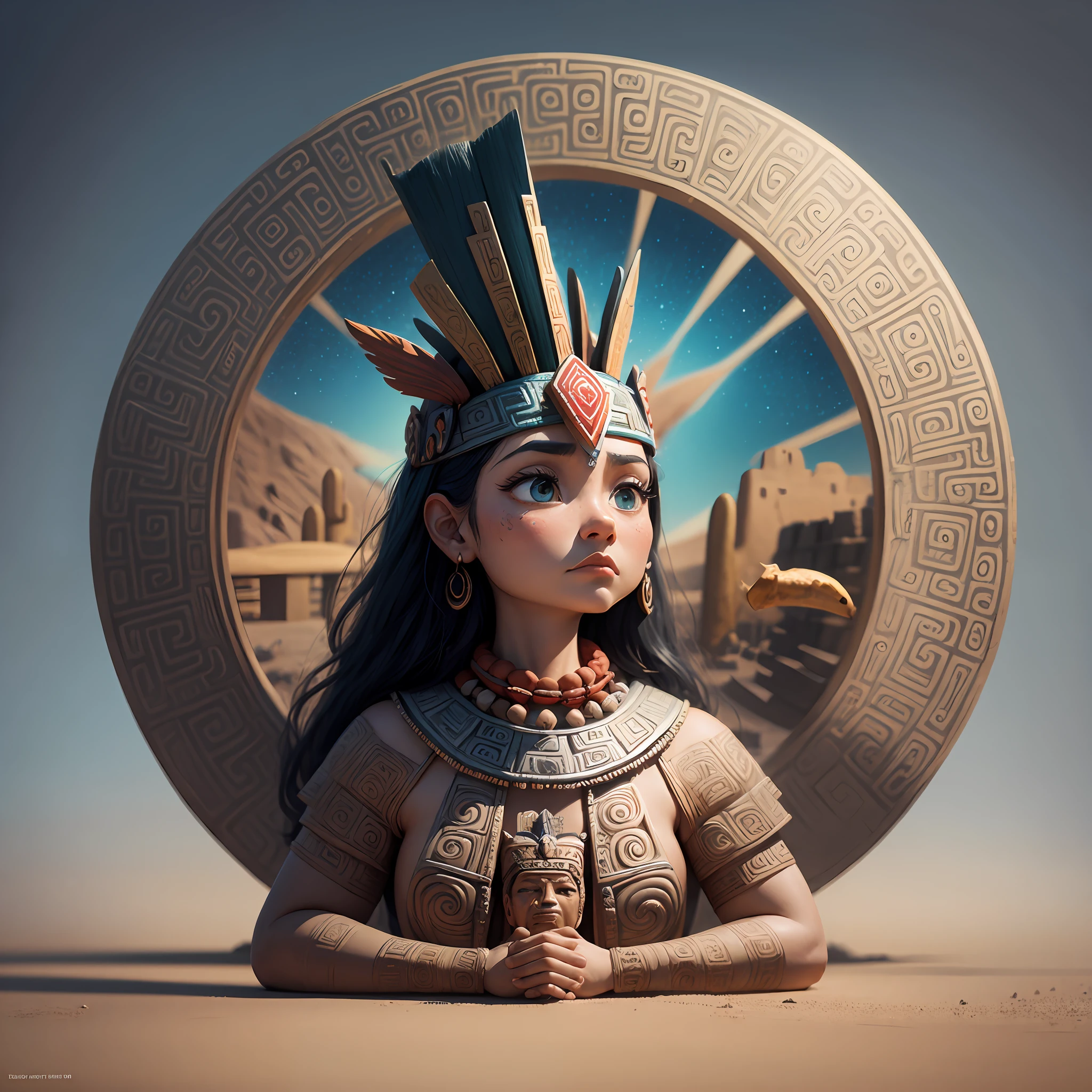 Mayan Aztec Totem, side view, disney pixar style, rotated, stylized, right side, desert --auto --s2
