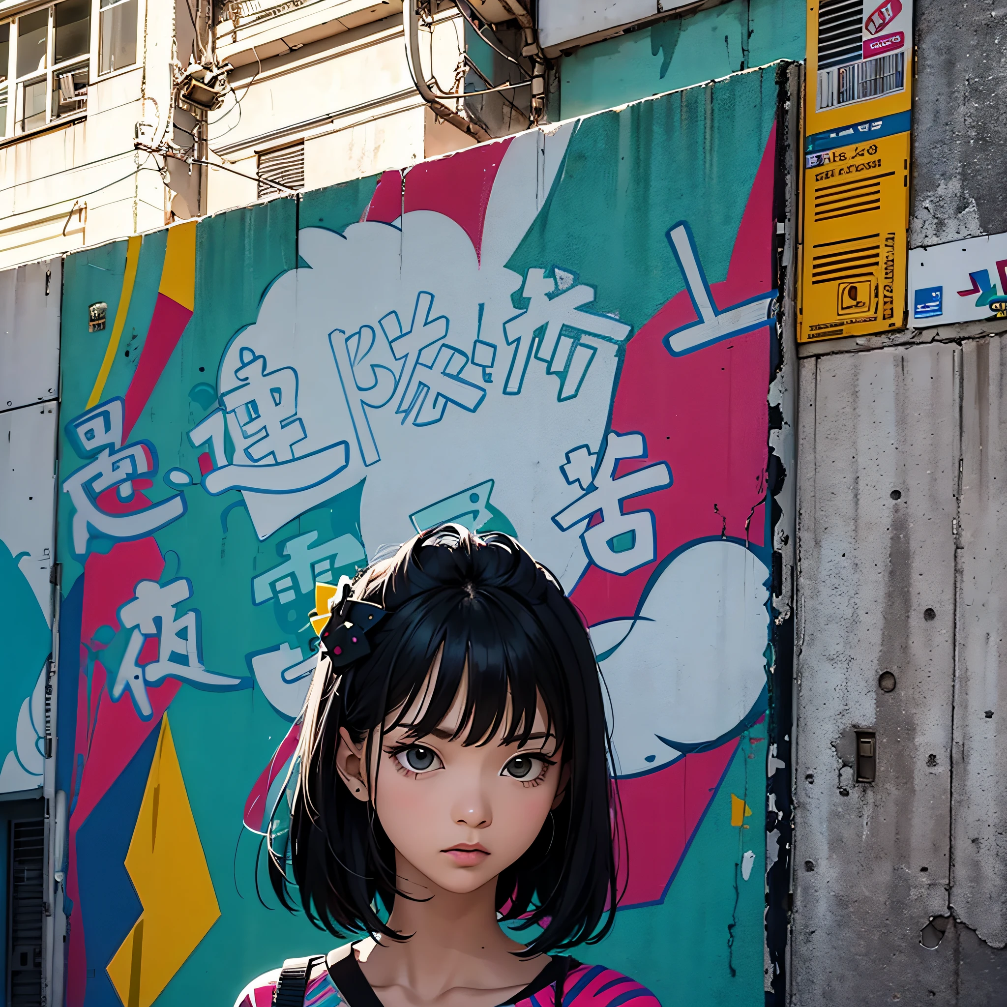 Street Art Graffiti、Geometric pattern、colourfull、Radical use of colors、One side of the wall、Computer Graphics、Block Art、slang、Black-haired woman glaring at viewers、​masterpiece