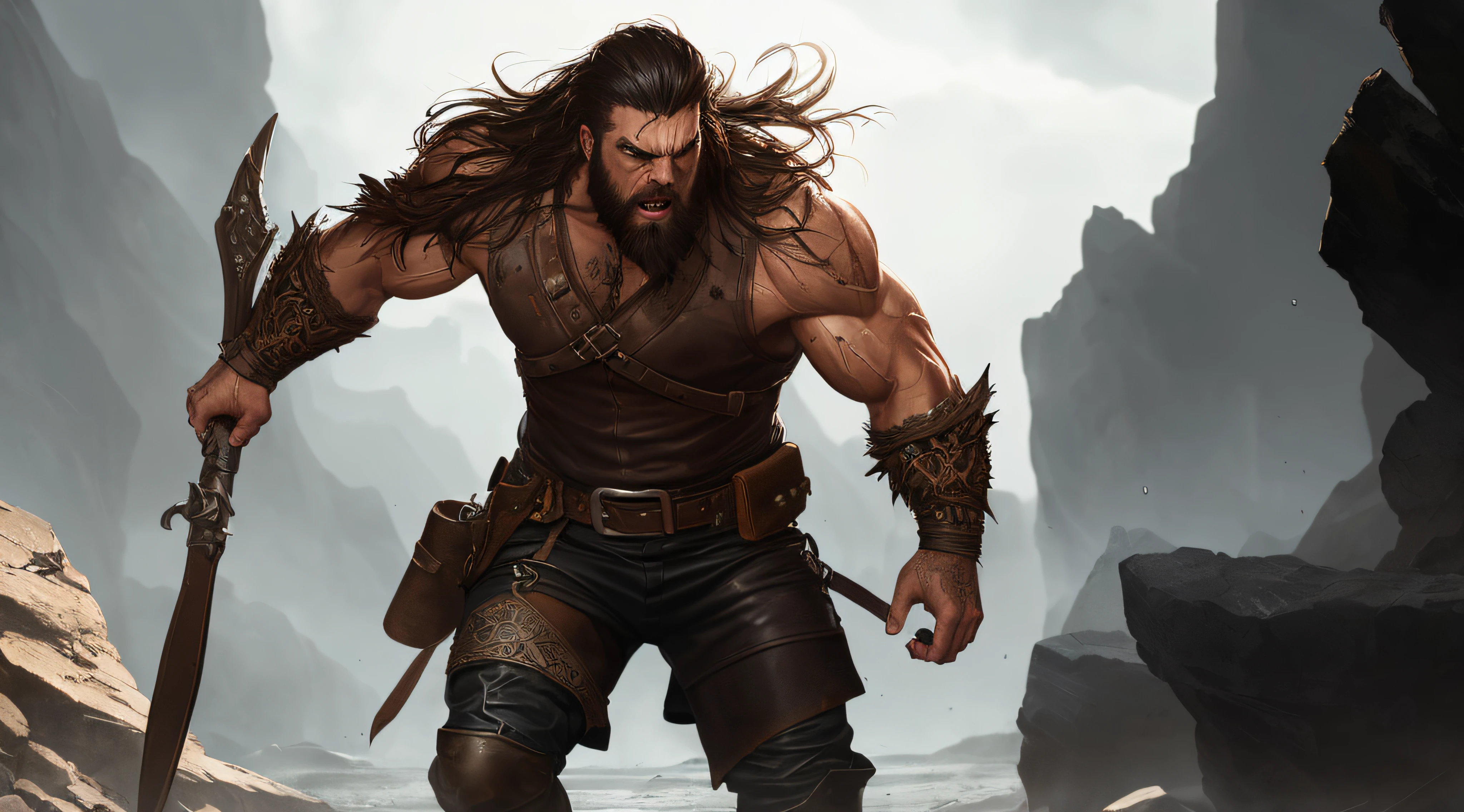 soft lustrous male hero, ((epic heroic fantasy muscular rugged wet hero angry looking with long hair and beard and fierce looking)), full body 32k unity render, action shot, skin pores, very dark lighting, heavy shadows, detailed, detailed face, (vibrant, photo realistic, realistic, dramatic, dark, sharp focus, 32k), (weathered damaged old worn leather outfit:1.4), (intricate:1.4), decadent, (highly detailed:1.4), digital painting, octane render, artstation, concept art, smooth, sharp focus, illustration, art by artgerm, (loish:0.23), wlop ilya kuvshinov, and greg rutkowski and alphonse mucha gracias, (global illumination, studio light, volumetric light)