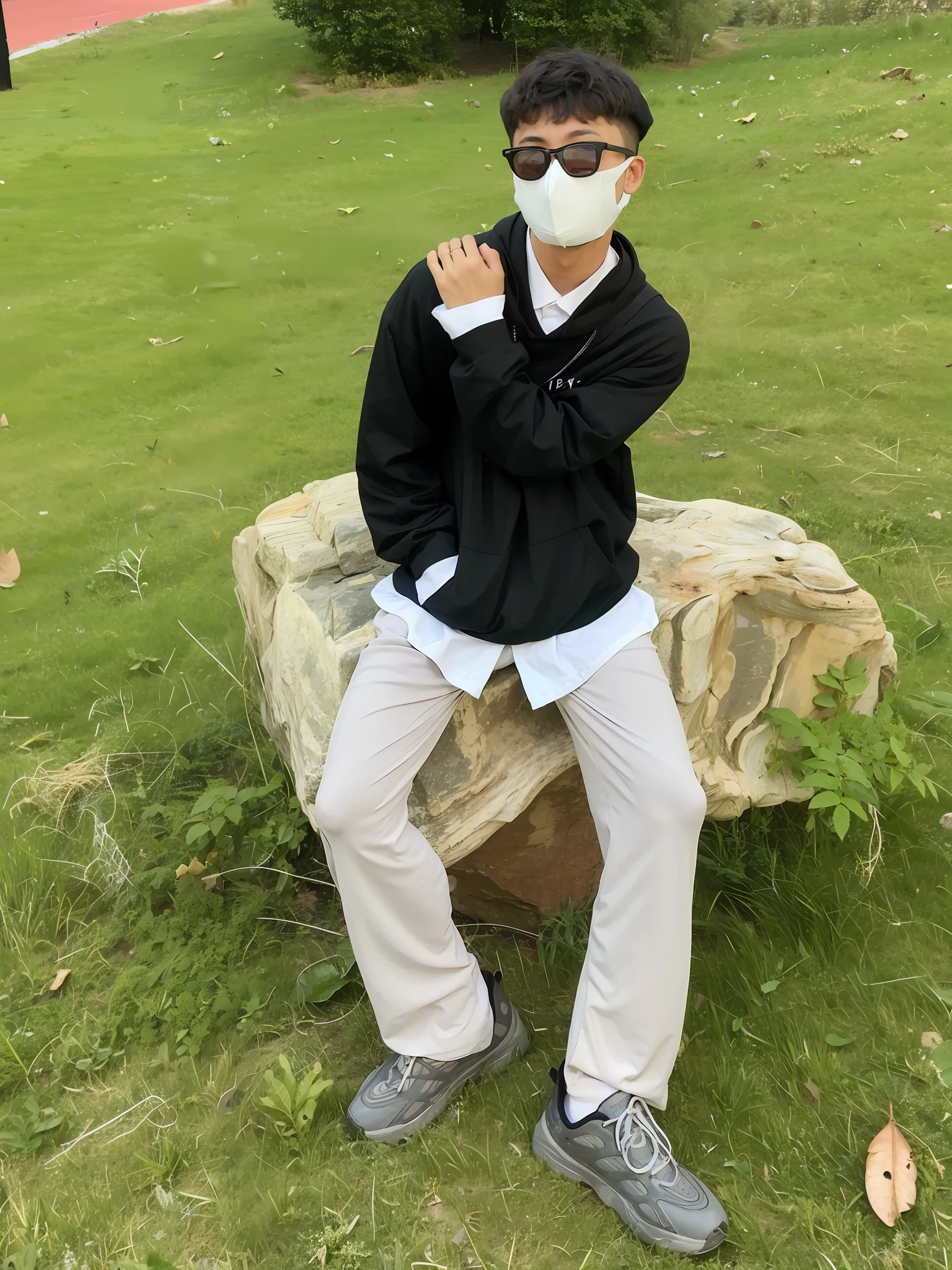The Arafed boy sits on a rock wearing a mask, wearing a fisher 🧥, with a cool pose, Cool pose, Casual pose, Kim Do-young, wearing a baggy, fear of god style, wearing off - white style, dressed with long fluent clothes, at park, Stylish pose, In Park, smooth in _ Background with
