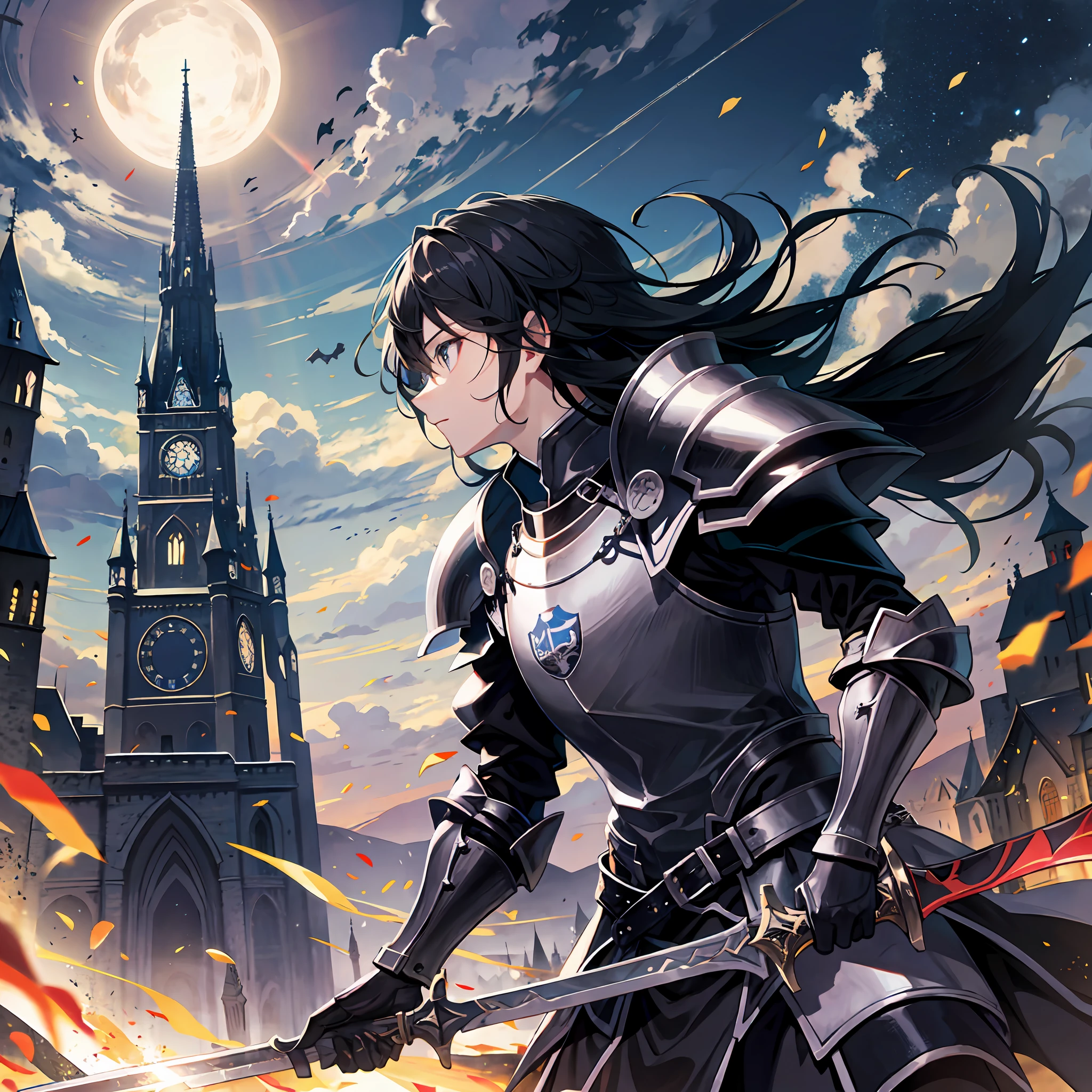 european castle background,1 Knight, Black Knight,Black hair,Swing a sword,night,profile,(jump:1.2)