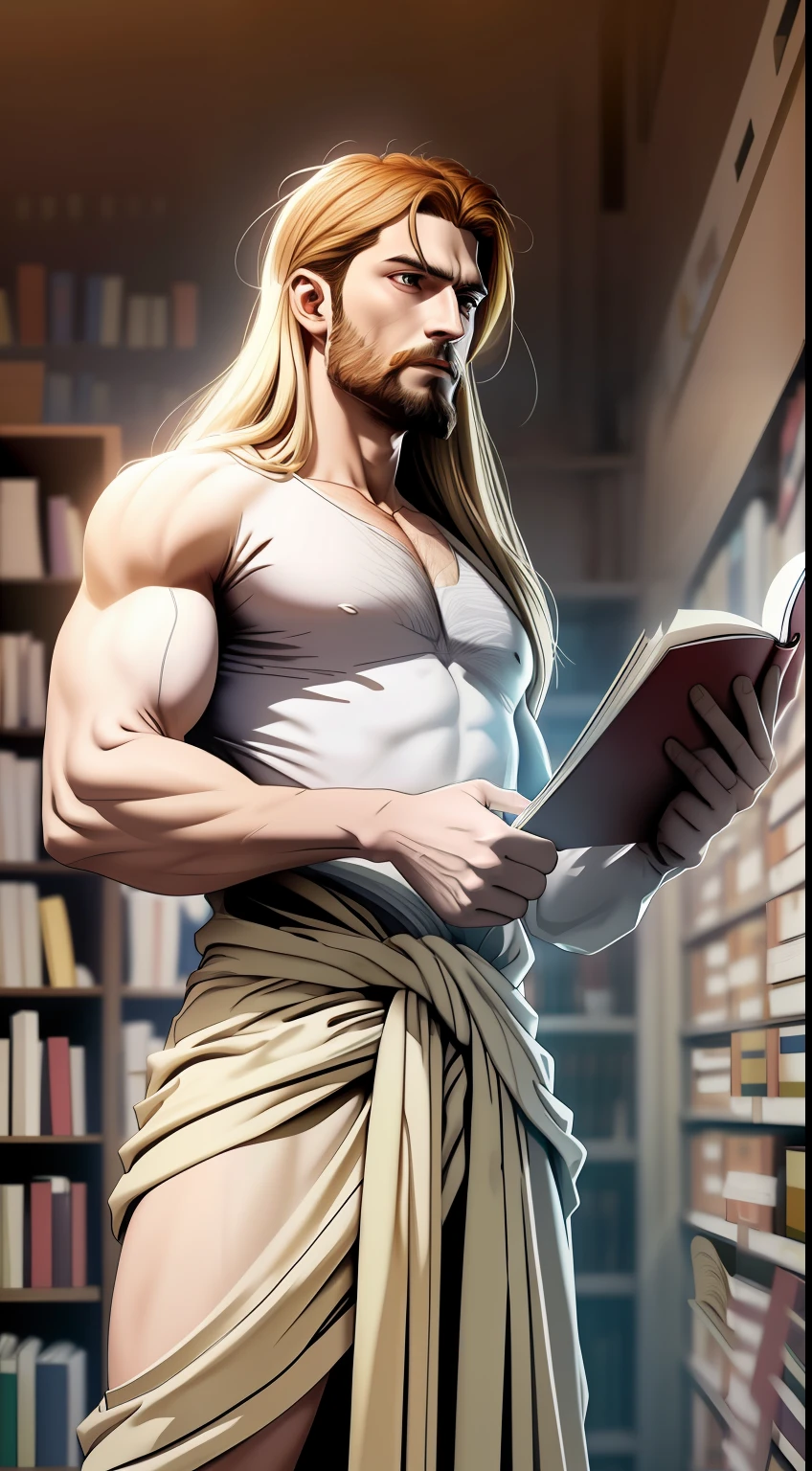 Greek god Zeus, (((realistic))), standing, ((view from the left side)), with white clothes, with an open book with both hands, in a library, warm light