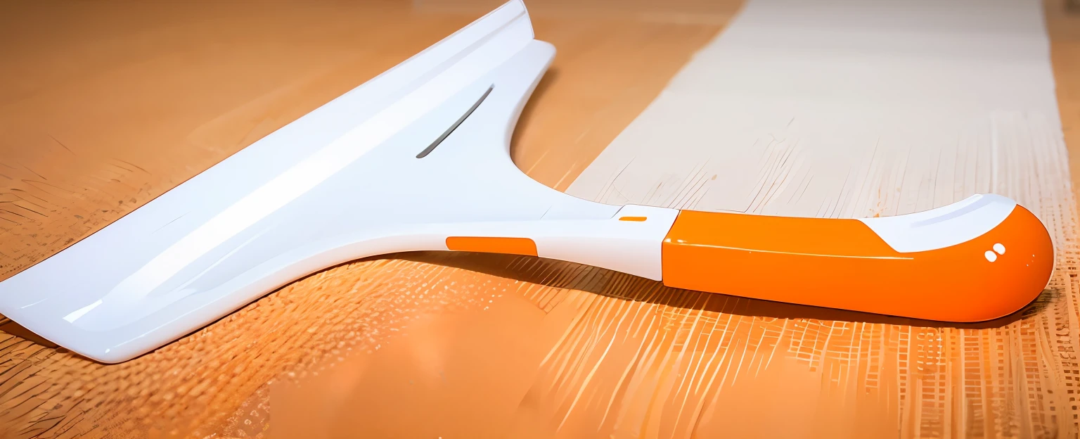 There was an orange and white plastic razor on the table, detailed product image, crisp smooth clean lines, close-up product photo, profile close-up view, white and orange, mander rake, Meticulous detail, extremely clean lines, Product photo, detailed product shot, white and orange brete, closeup detailed, orange grey white, high angle close up shot