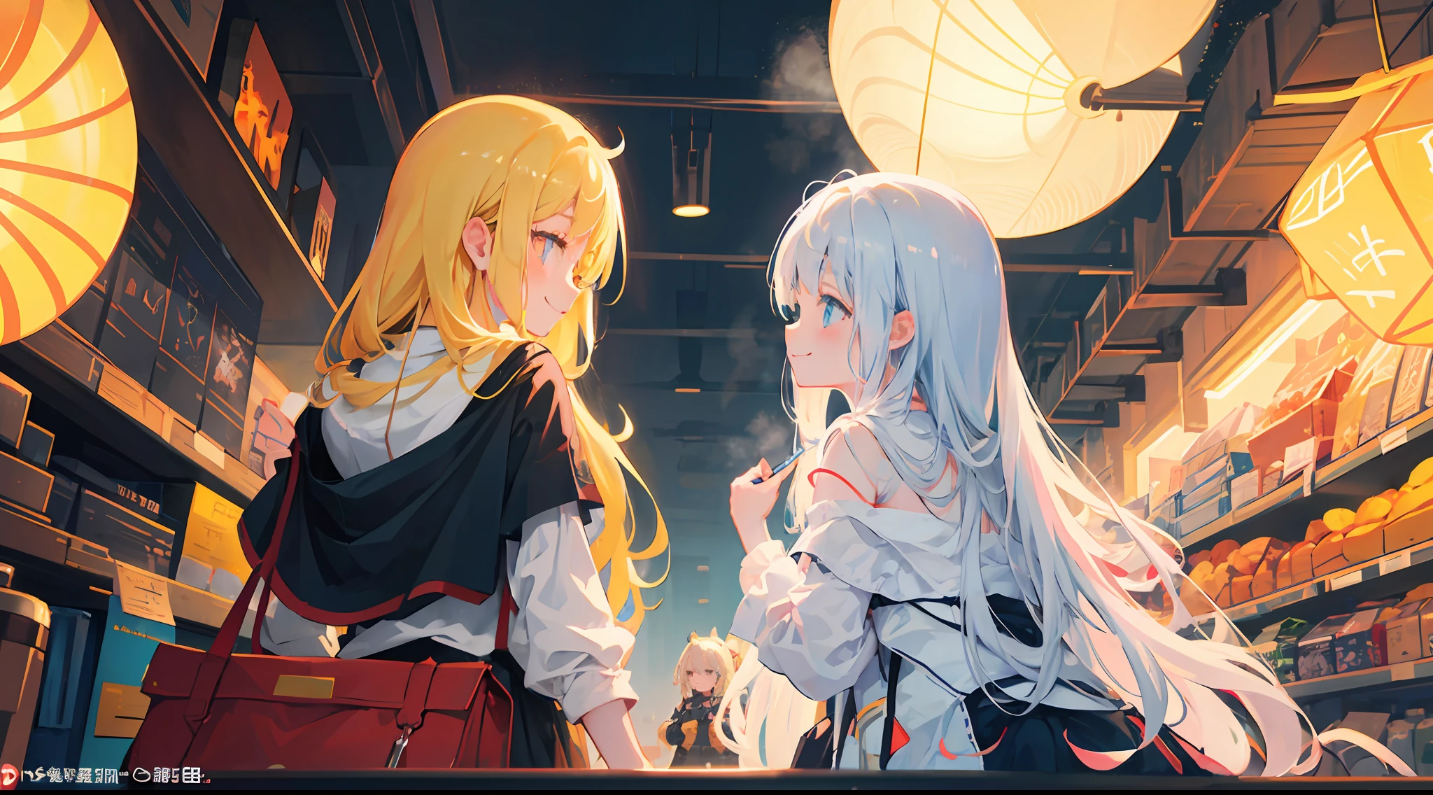 reflective light、best qualtiy、cart、cosmic background、Planktonic、low gravity、a smile、steampunc、８K、arknights、teens girl、Sarah Clothes、Detailed and beautiful illustrations、White long hair、（Two people、Staring at each other）