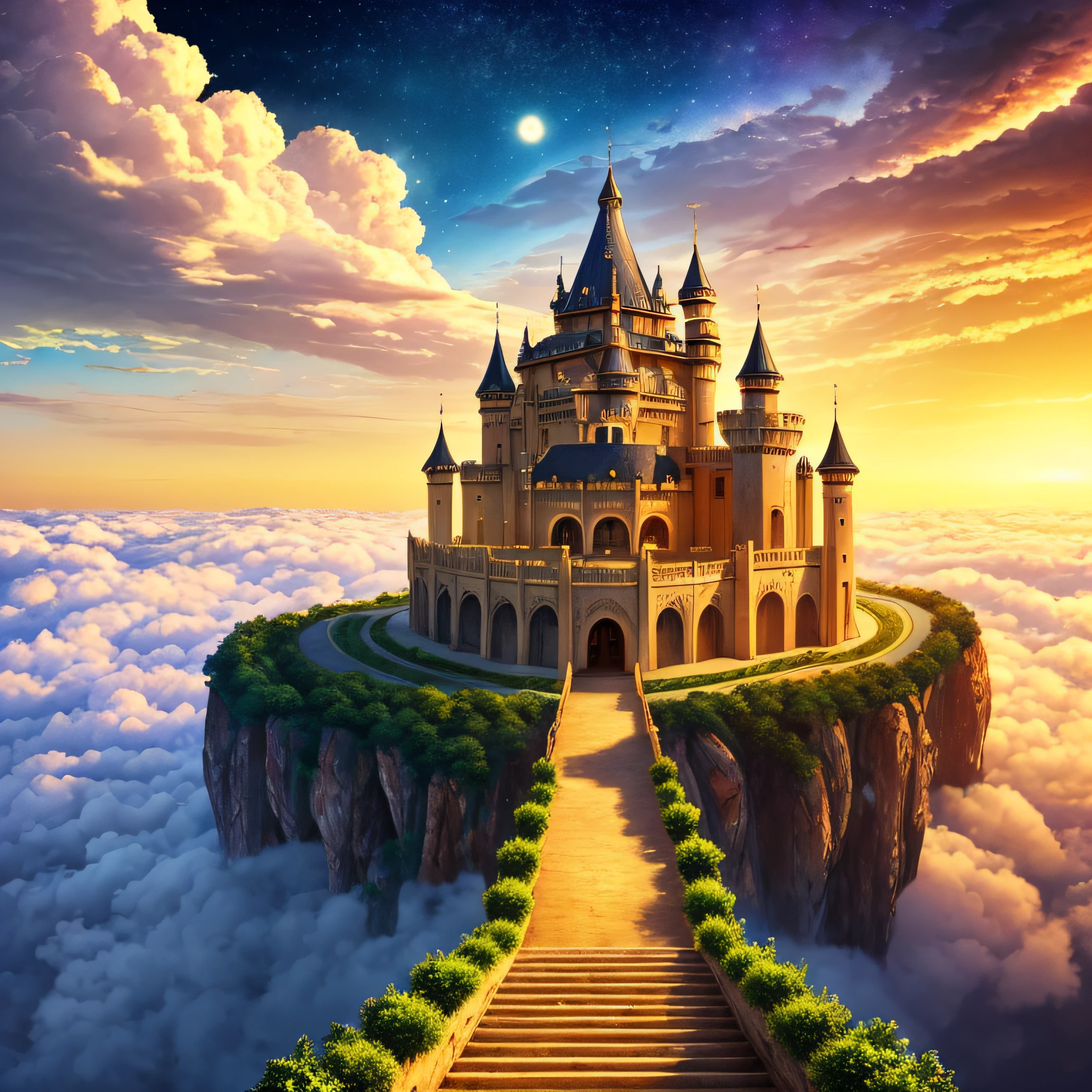 There is an image of a castle in the clouds with a golden carpet, light kingdom backdrop, Castelo da nuvem voadora, Palace floating in the sky, heaven background, palace background, fundo estilo conto de fadas, Palace floating in the sky, cloud palace, tall golden heavenly gates, fundo do castelo, Fundo do templo, gold gates of heaven!!!!!!!!, luminous sky heaven background, heaven planet in background. --auto