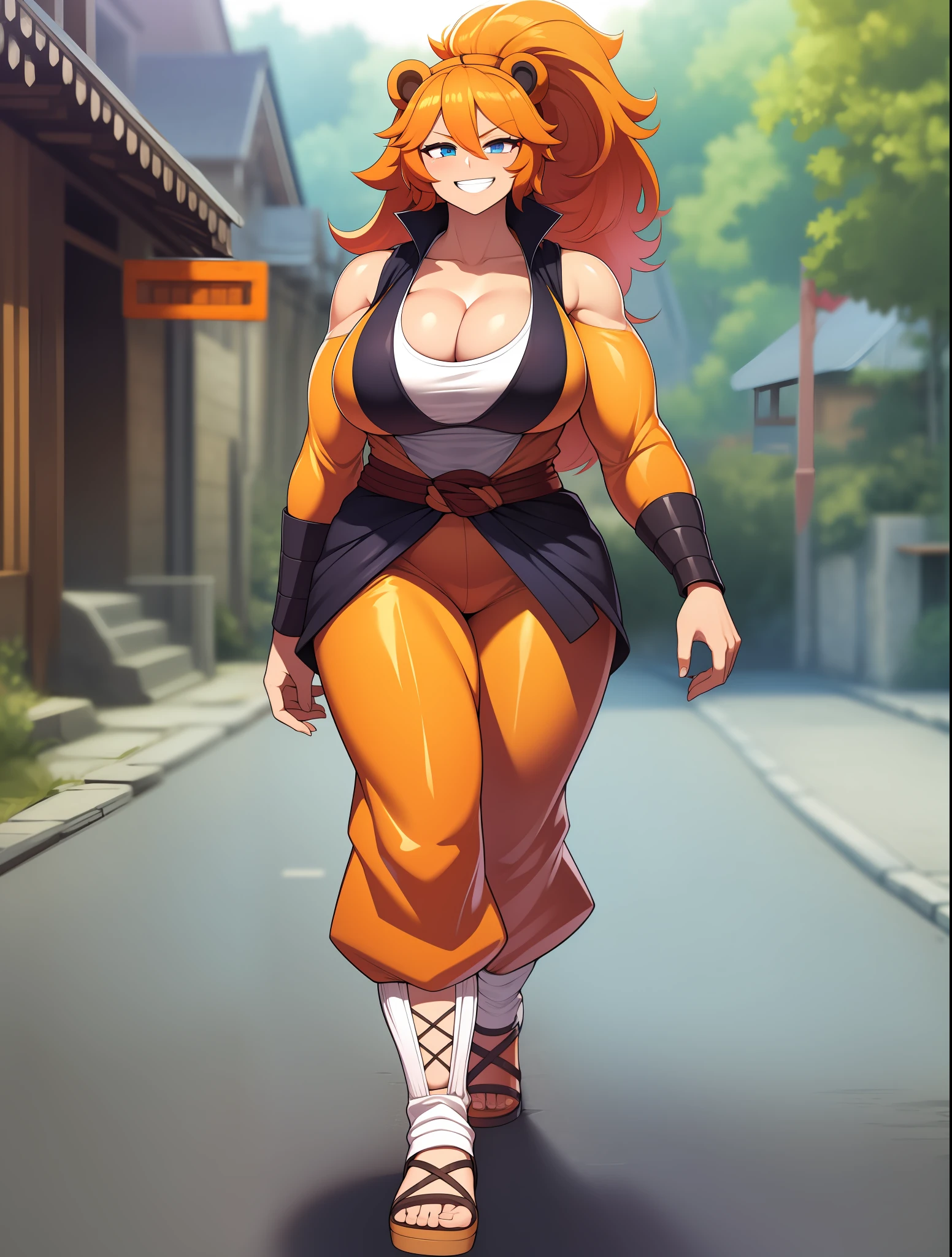 Processus, cheveux orange, grosse poitrine, cheveux longs, cheveux vivants, , seul,, Muscular girl, Grande femelle, sourire, corps entier, pantalon, Ouest, Berserker, guerrier, revealing clothes, amazone, tribal clothing,kimono, moine, bear ears,, walking, alone