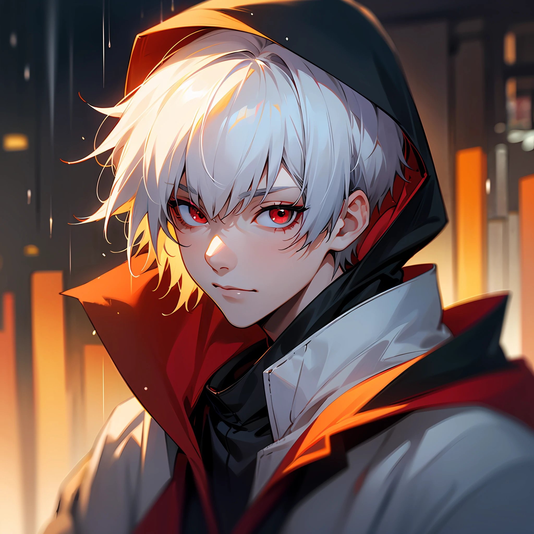 kk, best quality, more details, masterpiece, 1boy, kaneki ken, portrait, male focus, red eyes, solo, bangs, looking at viewer, hood, short hair, rain, tokyo tokyo \(city\), hood up, nail polish, white hair, luxurious, 8k, detailed, ray tracing, depth of field, cinematic lighting, --auto