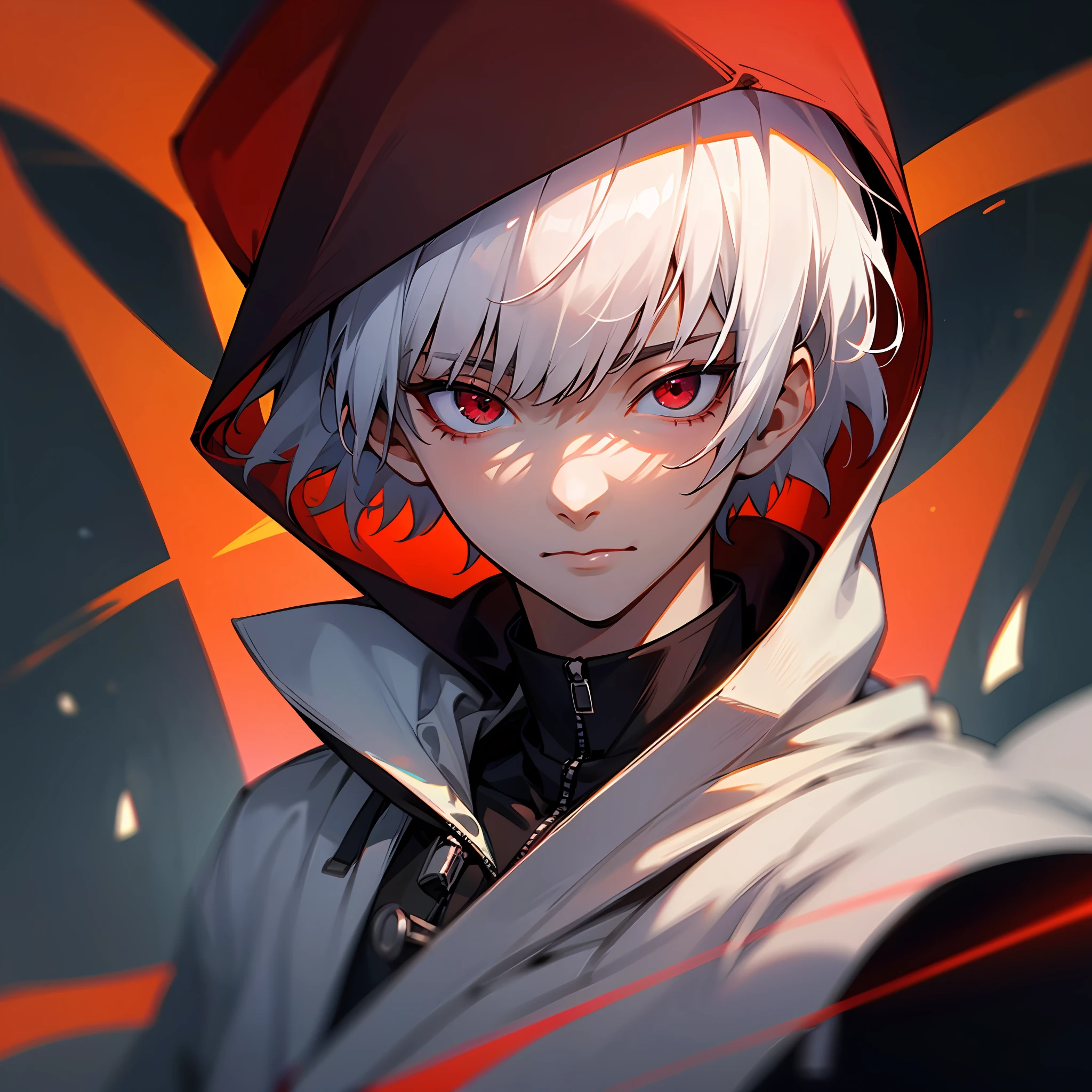 kk, best quality, more details, masterpiece, 1boy, kaneki ken, portrait, male focus, red eyes, solo, bangs, looking at viewer, hood, short hair, rain, tokyo tokyo \(city\), hood up, nail polish, white hair, luxurious, 8k, detailed, ray tracing, depth of field, cinematic lighting, --auto