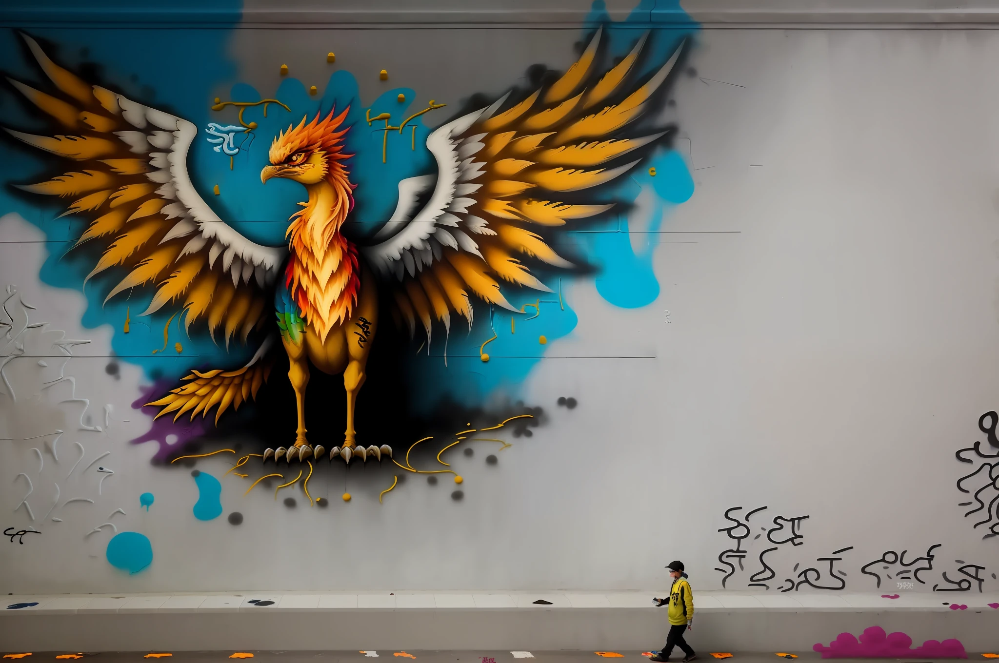 (masterpiece, best quality), best resolution, (graffiti), painting of a phoenix on a wall, (street art:2), painted on an alley wall, people looking at the wall while walking through the alley