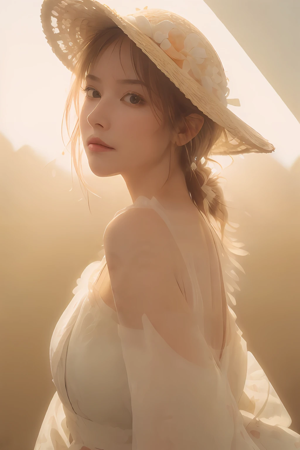 (extreme close up:1.5), (face focus:2),(Style of ???? ???:1.5), ((side face:2)),(1girl surrounded by soft_light:1.5), (backlighting:1.8), (lighting),(flowing fabric:1.3), ((Floral_summer_dress:1.5),(Straw_hat:1.3)), (masterpiece), realistic, HDR, highly detailed, 8k, raw photo, ambient occlusion, natural, harmonious composition, warm tones, fine art photography,