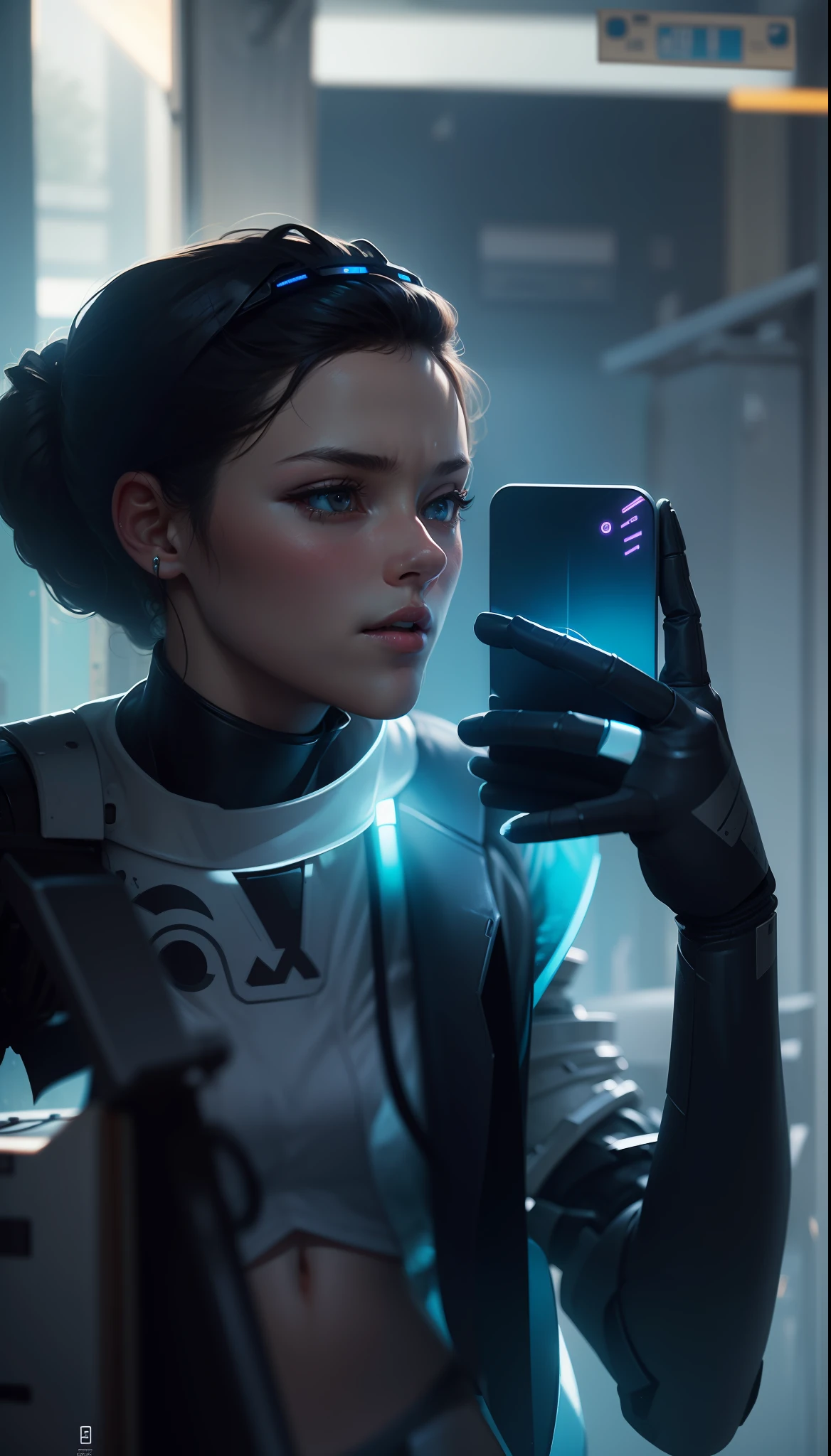 ((masterpiece, best quality)),illustration,ultra detailed 8k,photorealistic,sharp focus,highly detailed,professional lighting,colorful details,iridescent colors BREAK extreme long shot of a factory,large mechanical robot construction,microchip,computer,glowing,intricate details,shitu-mecha,1girl is standing in front of the audience,Navel