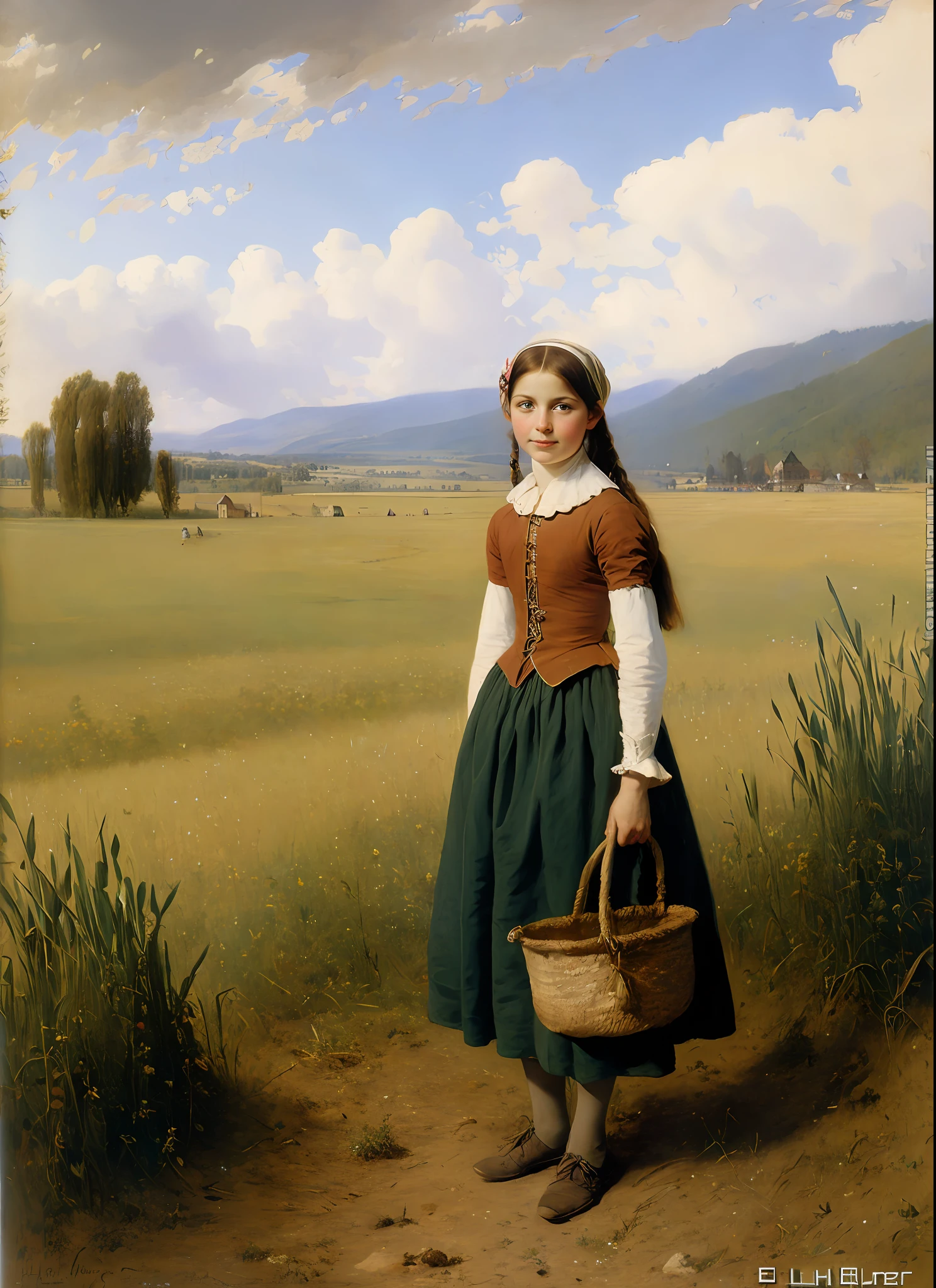 painting of a young girl in a field, by Eduard von Grützner, by Adolf Born, by Hubert von Herkomer, by Joseph von Führich, by ferdinand knab, by Heinrich Herzig, by Adolf Bierbrauer, by Wilhelm Leibl, by Rudolf von Alt, by Emanuel Leutze