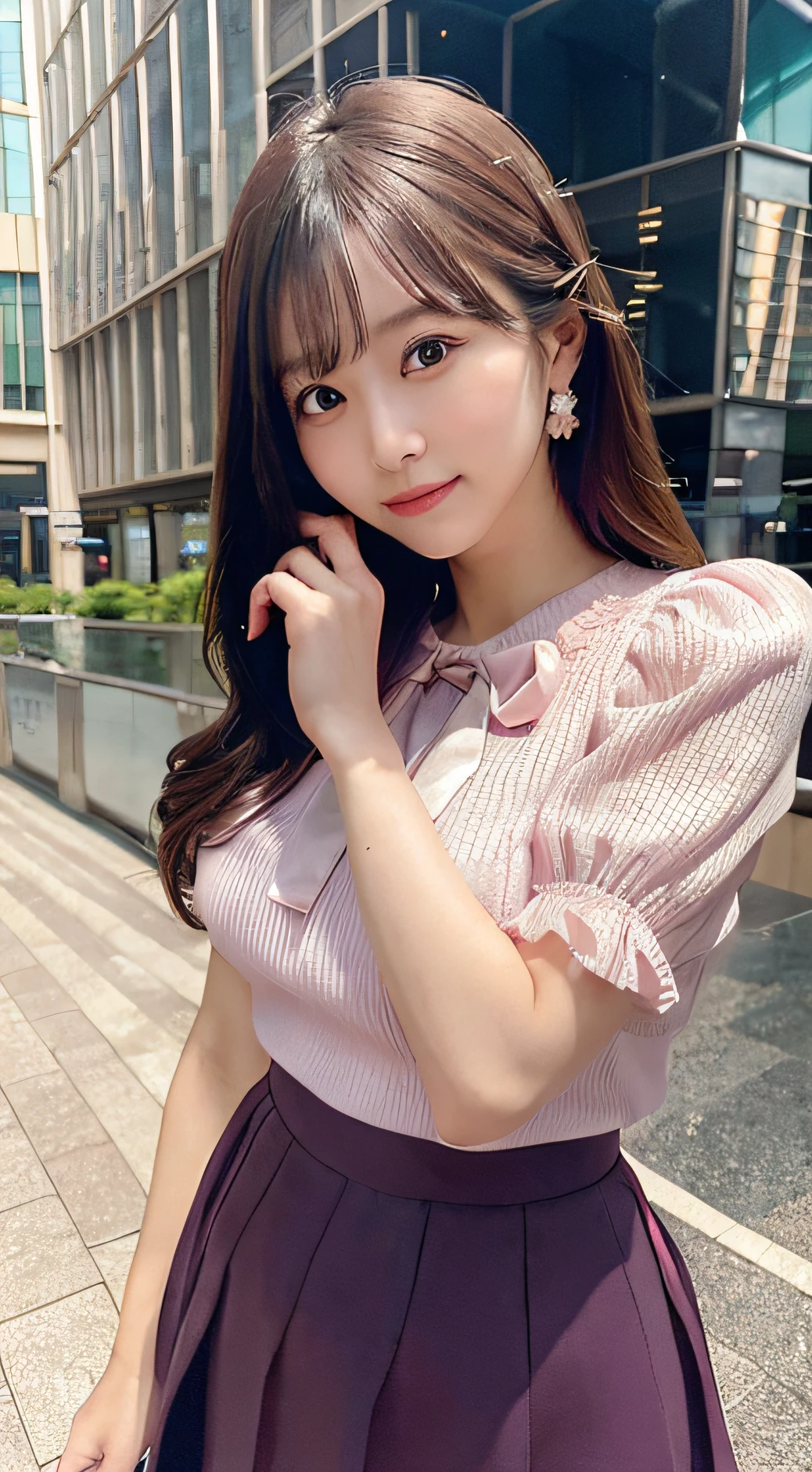 25 years old female pink puff sleeve blouse，pleatedskirt，Pear blossom head，Refined face，Thin stature，Extend your right hand，mall background，highdetailskin：1.2），8K  UHD，Slr，softlighting，high qulity，filmgrain，Taken in the 20s of the 20th century