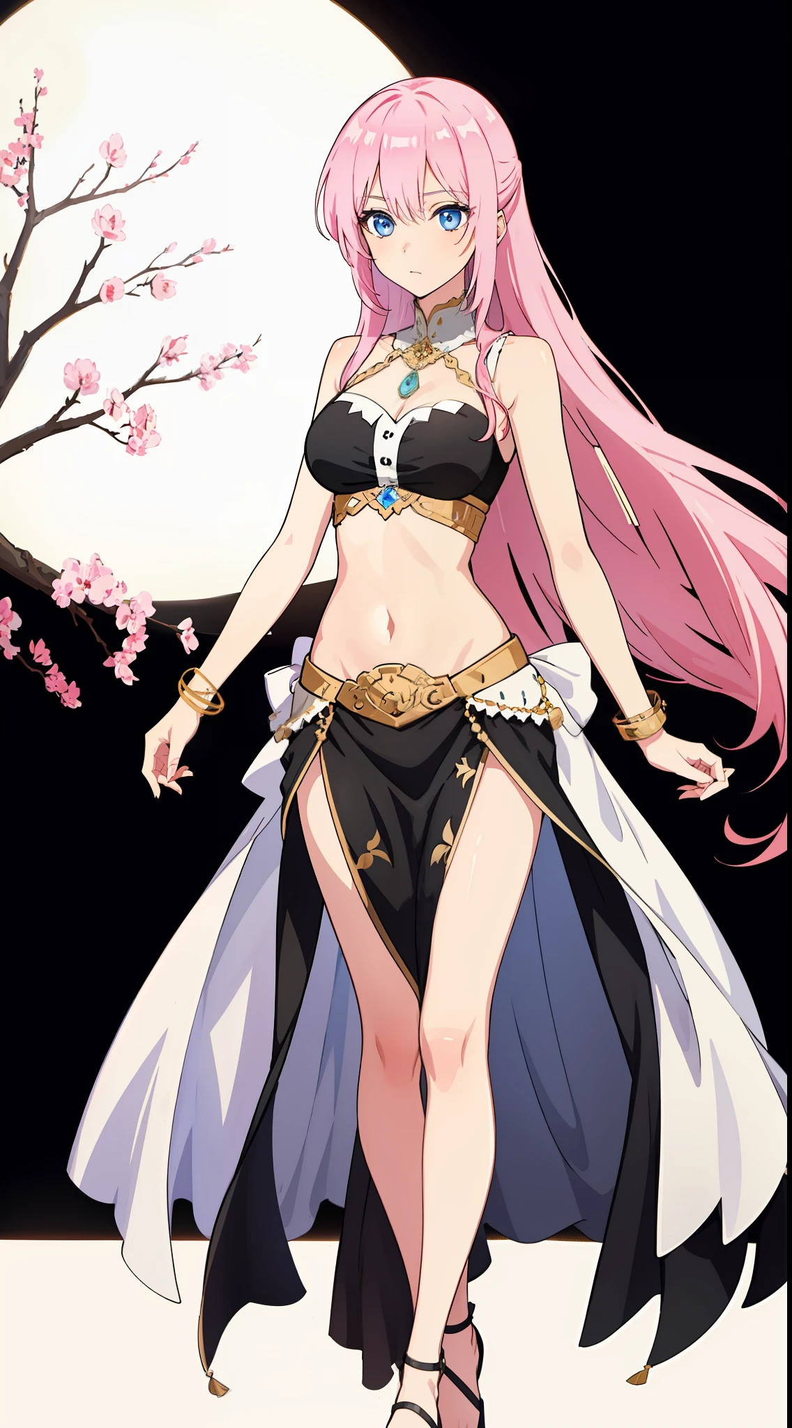 shikimori, medium breast, slim legs, , gown, navel, skirt, standing, beautiful eyes, blue eyes, nervous, arabian belly dancer, black wallpaper,