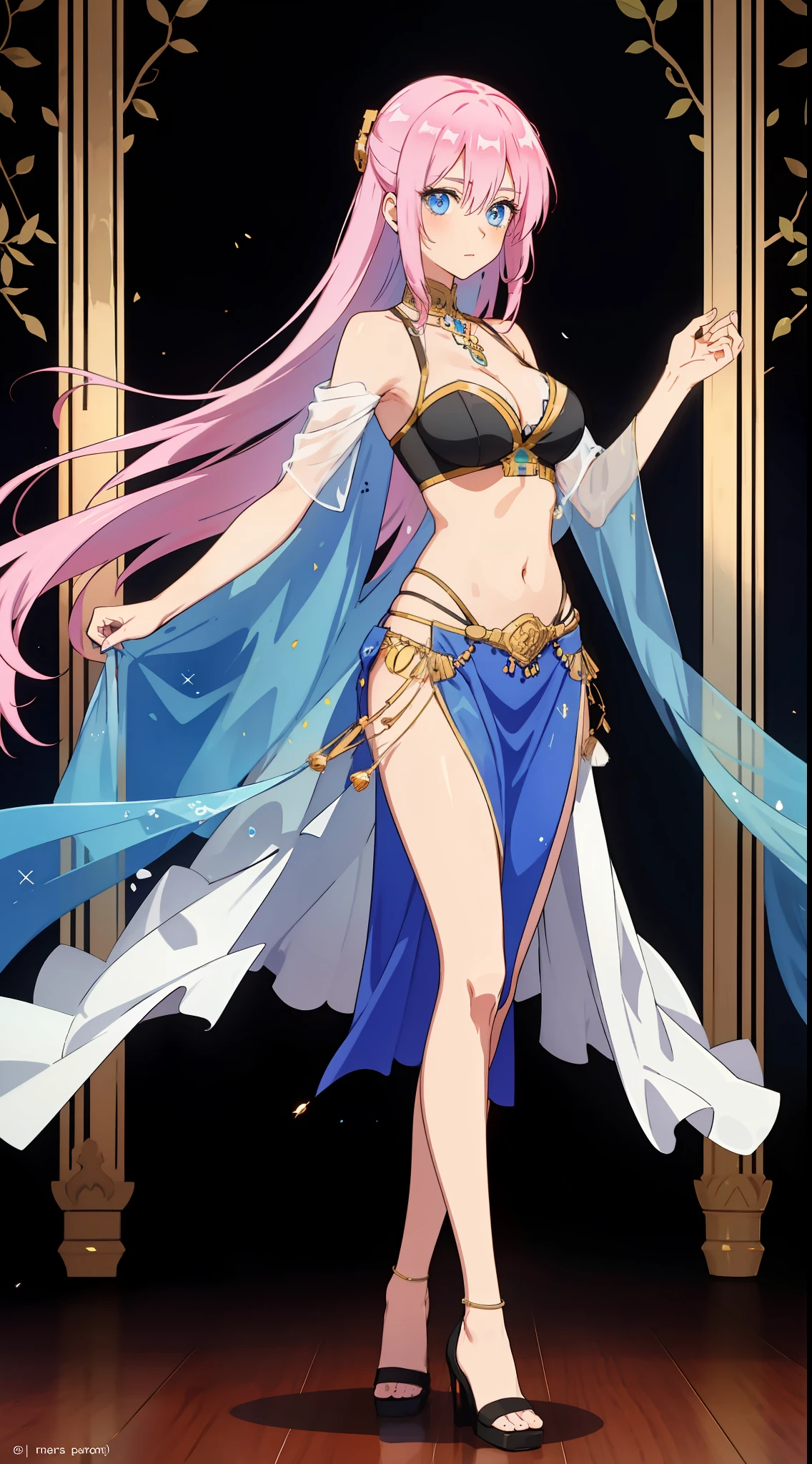 shikimori, medium breast, slim legs, , gown, navel, skirt, standing, beautiful eyes, blue eyes, nervous, arabian belly dancer, black wallpaper,