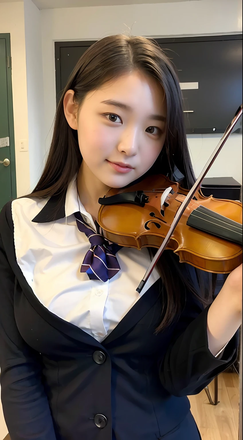 high school student in uniform, knitting, playing the violin, middle schooler, 16 years old, short cut, big breasts,