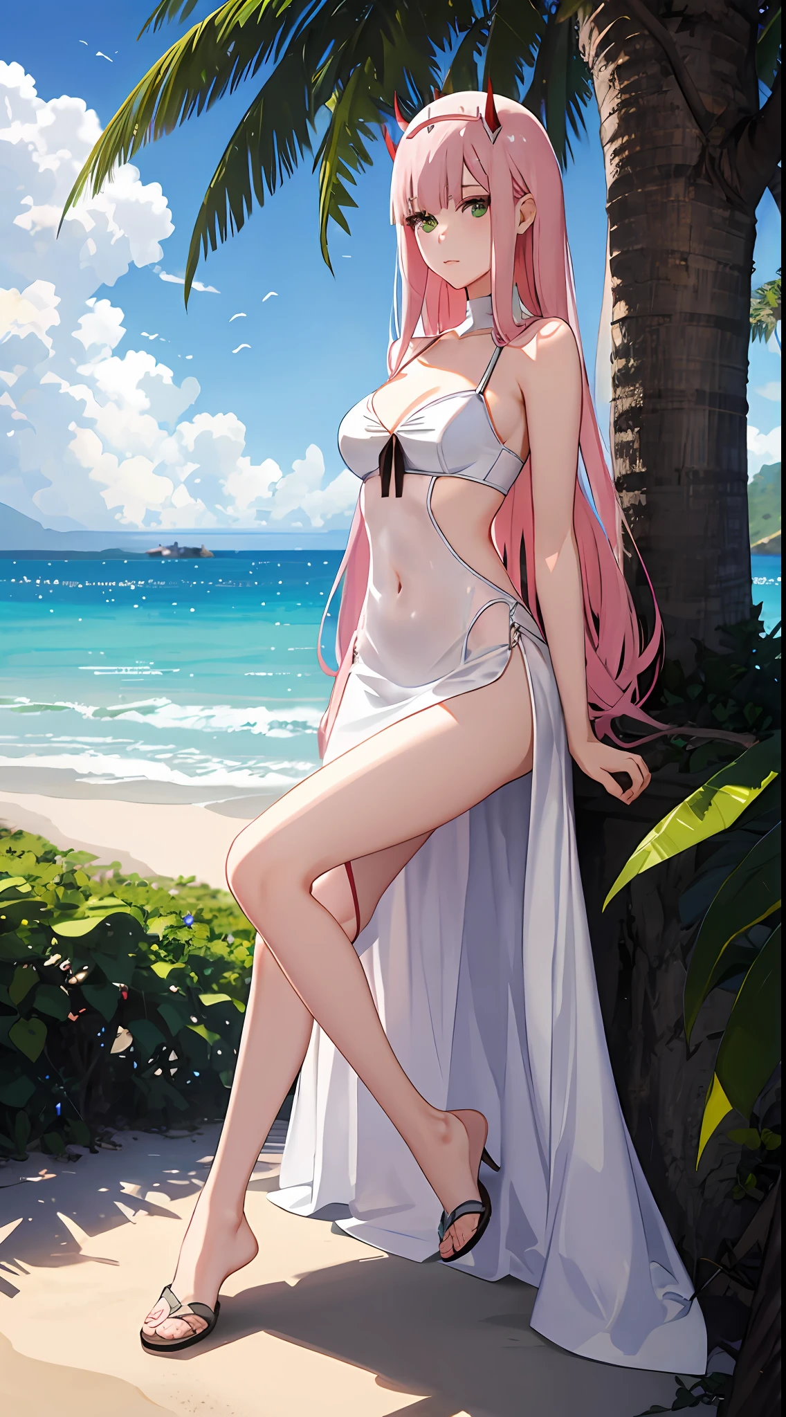 zero two, white gown, medium breast, navel, slim legs, sunny day, Beach, leaning, beautiful eyes, green eyes, nervous, skirt