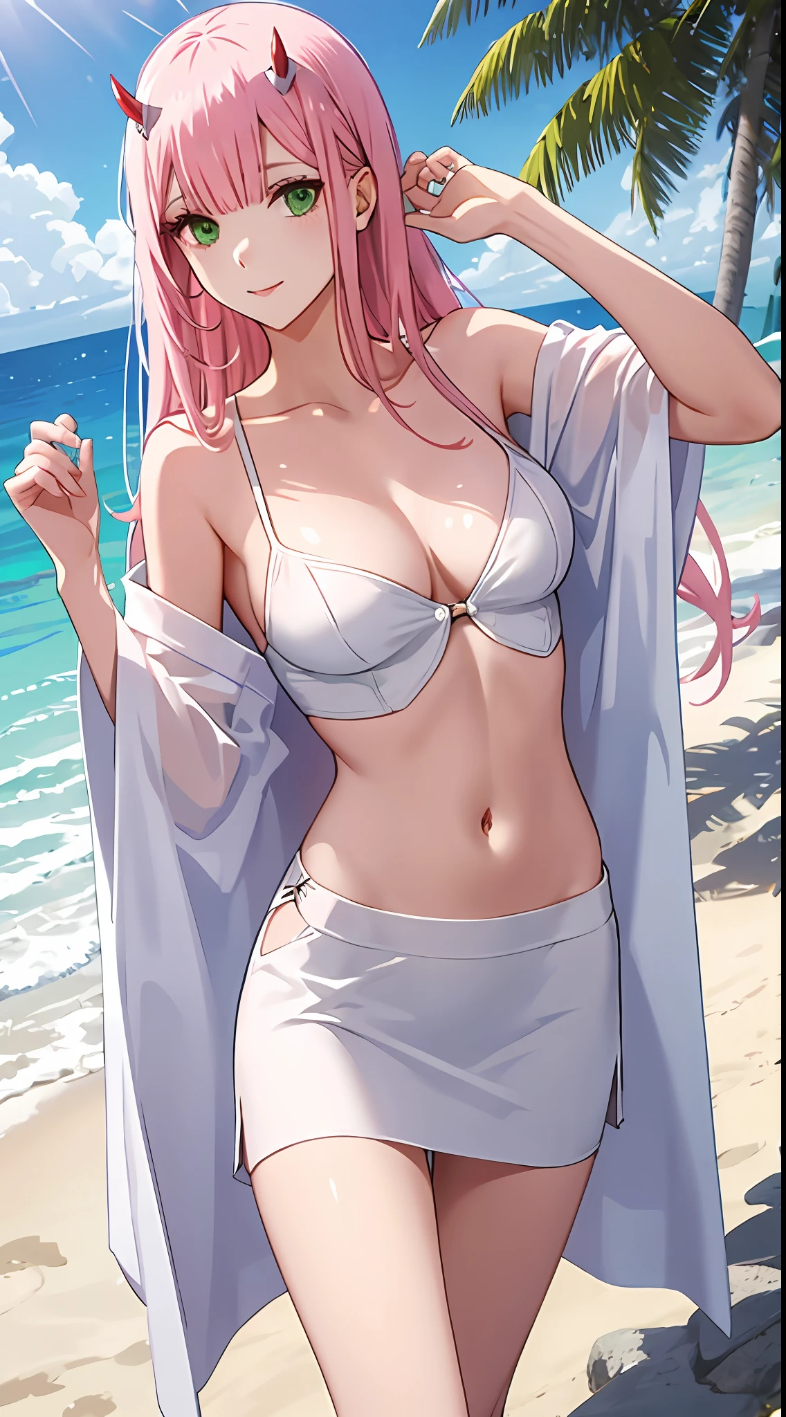 zero two, white gown, medium breast, navel, slim legs, sunny day, Beach, leaning, beautiful eyes, green eyes, nervous, skirt