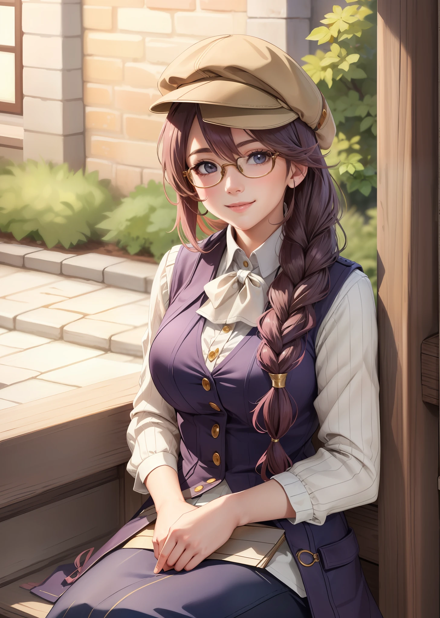 masterpiece, best quality, emma millstein, glasses, newsboy hat, braided ponytail, purple sleeveless coat, white shirt, upper body, tender smile, looking at viewer