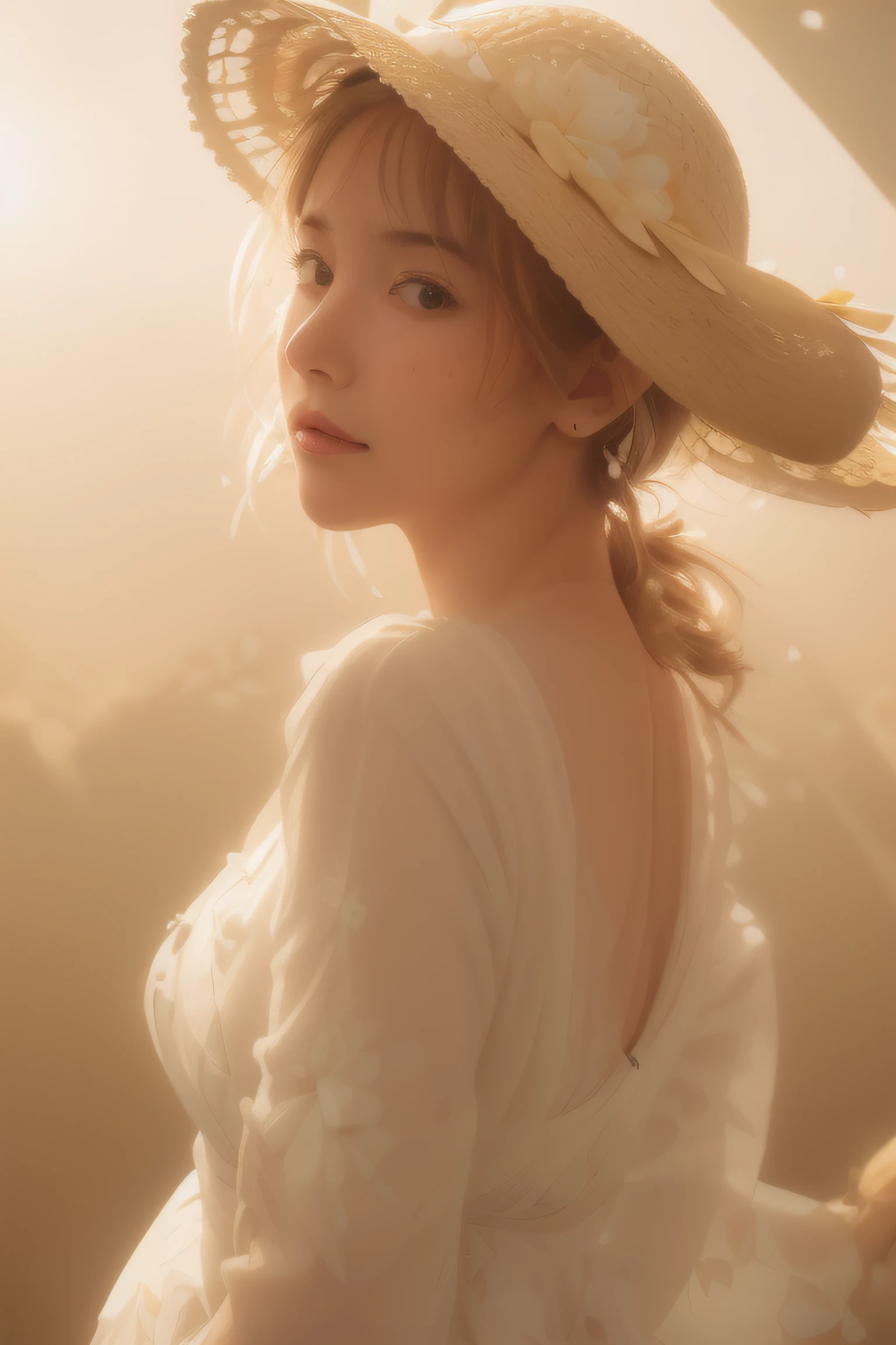 (extreme close up:1.5), (face focus:2),(Style of ???? ???:1.5), ((side face:2)),(1girl surrounded by soft_light:1.5), (backlighting:1.8), (lighting),(flowing fabric:1.3), ((Floral_summer_dress:1.5),(Straw_hat:1.3)), (masterpiece), realistic, HDR, highly detailed, 8k, raw photo, ambient occlusion, natural, harmonious composition, warm tones, fine art photography,