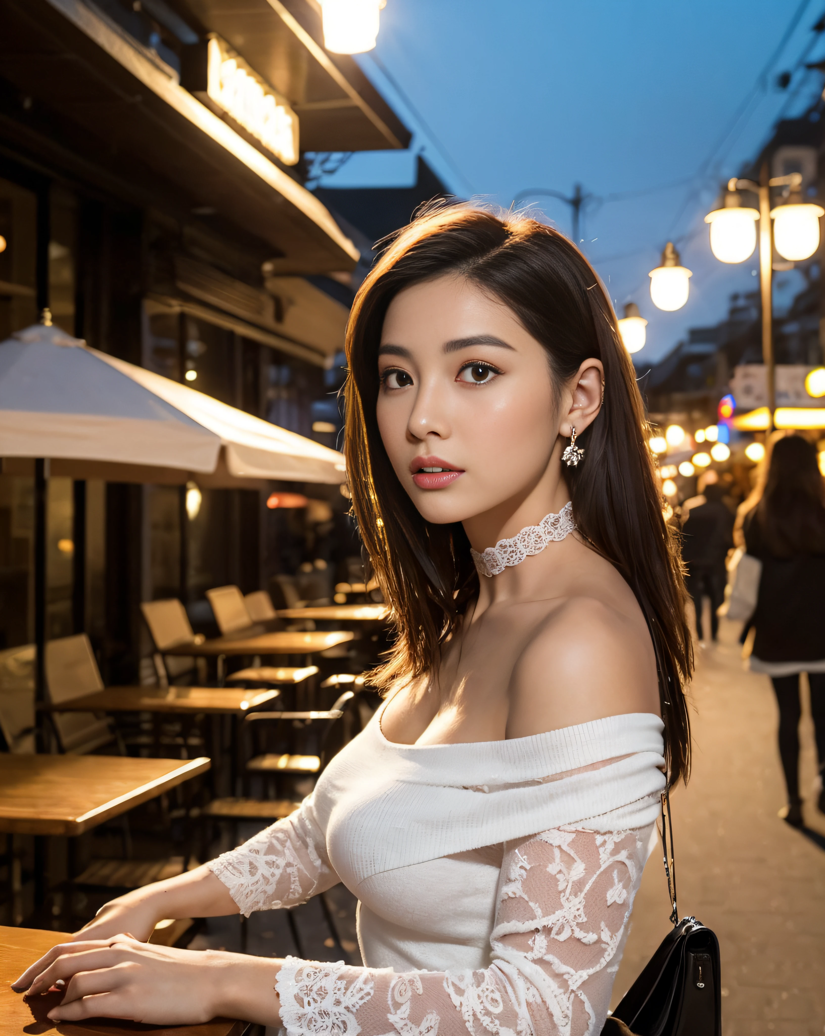 NSFW、Front Angle、(8K、top-quality、masterpiece:1.2)、(realisitic、Photorealsitic:1.37)、ultra-detailliert、1 girl in、looking at the viewers、Beautiful detailed sky、Detailed Cafe Street、sitting on、full_Body、small head、Complex choker、Cute legs:1.2、long legged:1.2、Slim legs、high-heels:1.3、white sock:1.4、Medium chest、high-waisted、narrow waists、off shoulders、a belt、Short bottom、beatiful detailed eyes、 during daytime、Warm tones、White lace、(length hair:1.4)、Silver midium hair、de pele branca、Cinematic Light、streetlights、(Tea table:1)、(hand bag:1)、