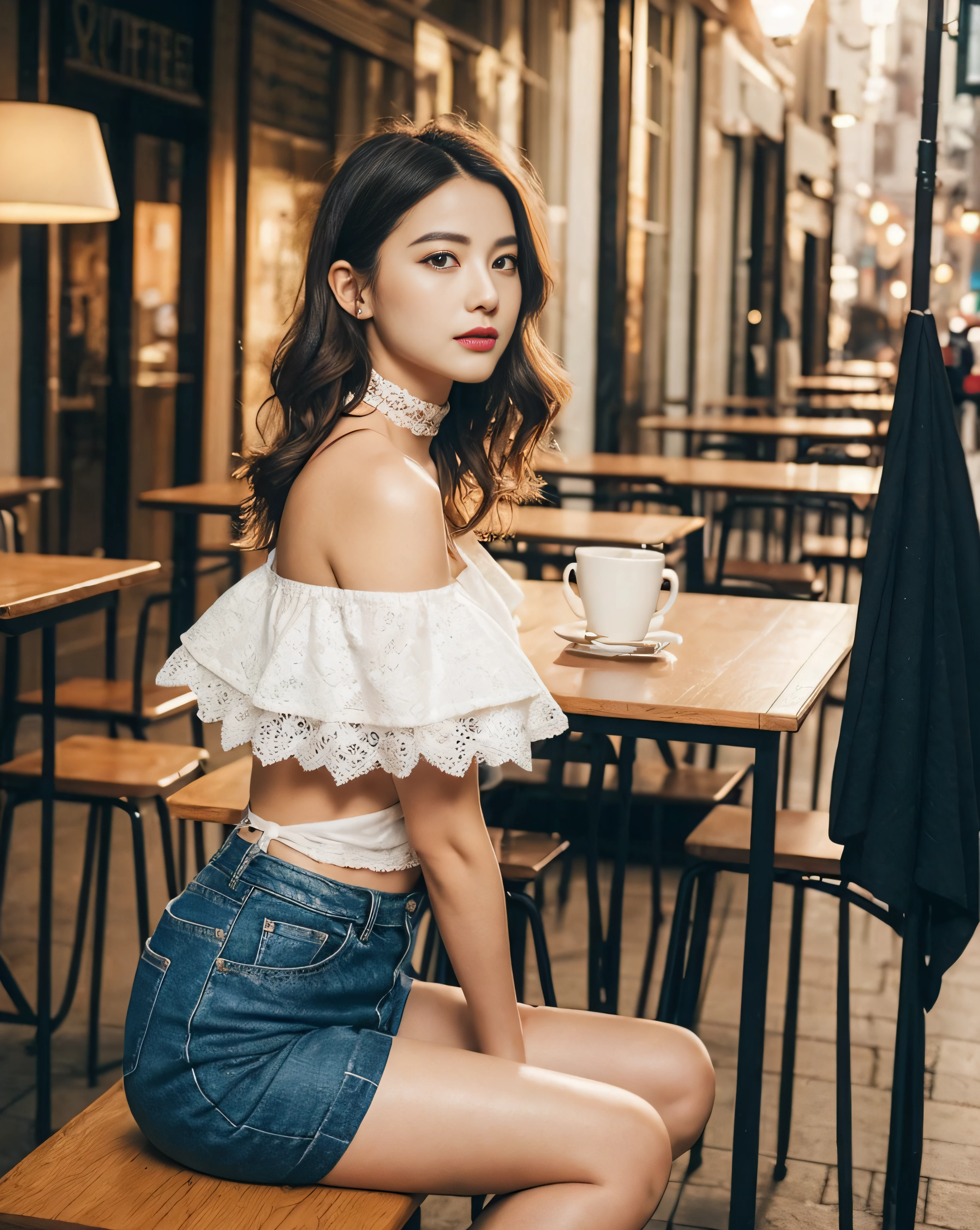 NSFW、Front Angle、(8K、top-quality、​masterpiece:1.2)、(realisitic、Photorealsitic:1.37)、ultra-detailliert、1 girl in、looking at the viewers、Beautiful detailed sky、Detailed Cafe Street、sitting on、full_Body、small head、Complex choker、Cute legs:1.2、long legged:1.2、Slim legs、high-heels:1.3、white sock:1.4、Medium chest、high-waisted、narrow waists、off shoulders、a belt、Short bottom、beatiful detailed eyes、 during daytime、Warm tones、White lace、(length hair:1.4)、Silver midium hair、de pele branca、Cinematic Light、streetlights、(Tea table:1)、(hand bag:1)、