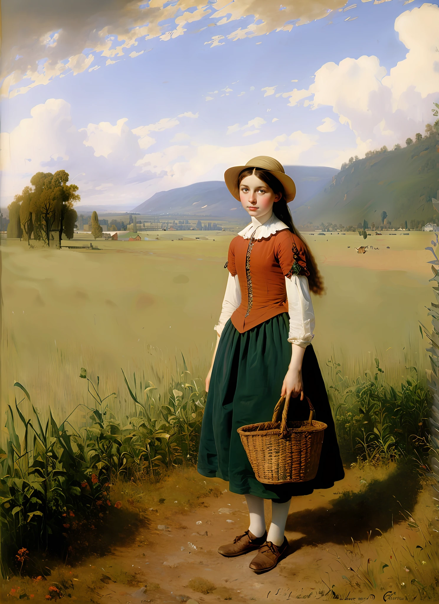painting of a young girl in a field, by Eduard von Grützner, by Adolf Born, by Hubert von Herkomer, by Joseph von Führich, by ferdinand knab, by Heinrich Herzig, by Adolf Bierbrauer, by Wilhelm Leibl, by Rudolf von Alt, by Emanuel Leutze