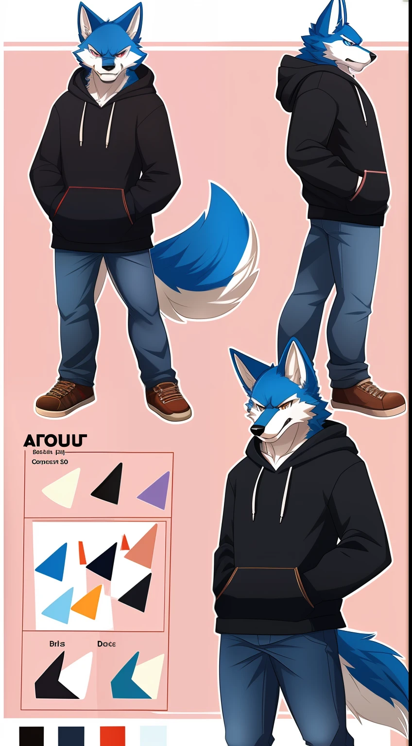 ((highest quality, masterpiece, 4k, finely detailed, detailed eyes, detailed face, intricate details, pixiv, gelbooru)), (((reference sheet, full body pose, 3 heads on the side with the expressions: angry, happy, sad))), male, masculine, long hair, 88modern clothing: hoodie, jeans)), twink body type, pastel pink and blue fur, wolf