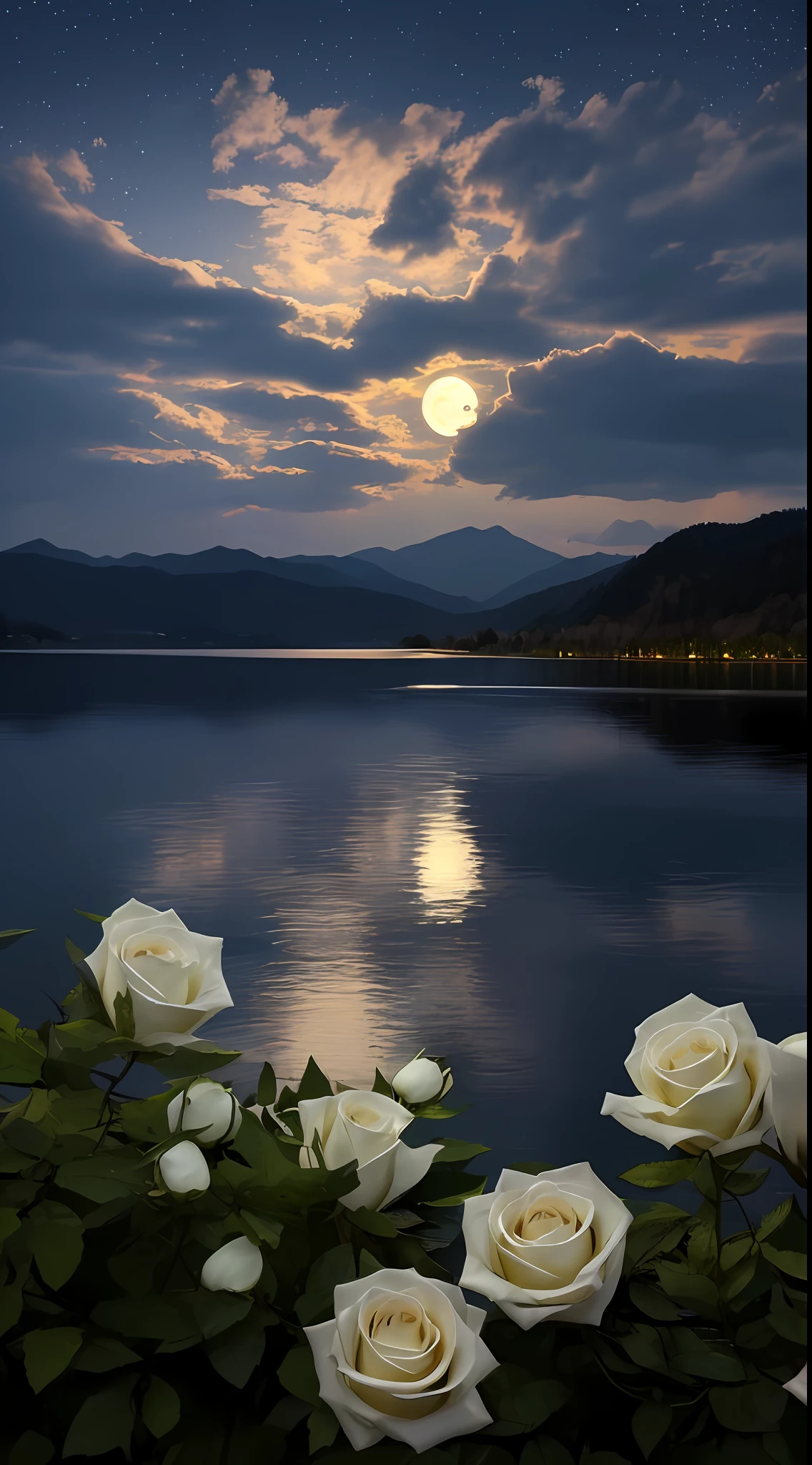 Peaceful night Full moon,Clouds,Mountains loom in the distance,At the foot of the mountain is a large lake,The lake water glows in the moonlight,The close-up view is a large field of blooming white roses,Ultra photo realsisim,the detail,Dim environment,a sense of atmosphere