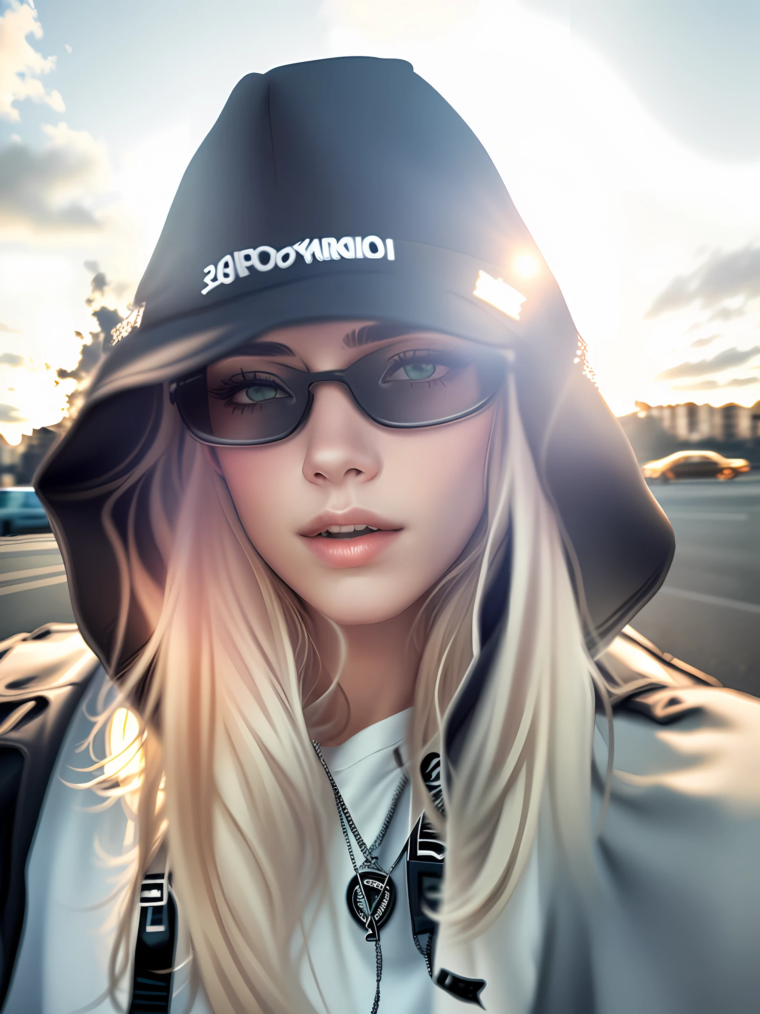 Arafspainte girl wearing a black hat and a black jacket, usando capuz sith, usando um capuz escuro, 15anos, she is wearing streetwear, sun glasses