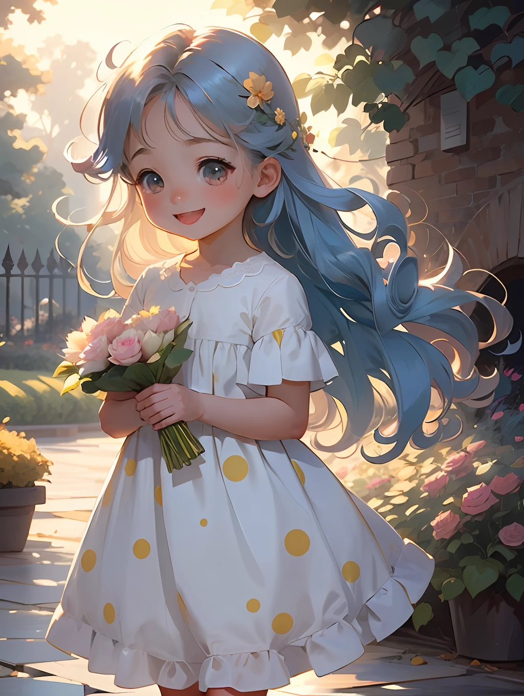 1girl, chibi, cute, long hair, light blue  hair, glowing blue eyes, pink rose garden, floral dress, sunlight,smile, happy,  blue rose