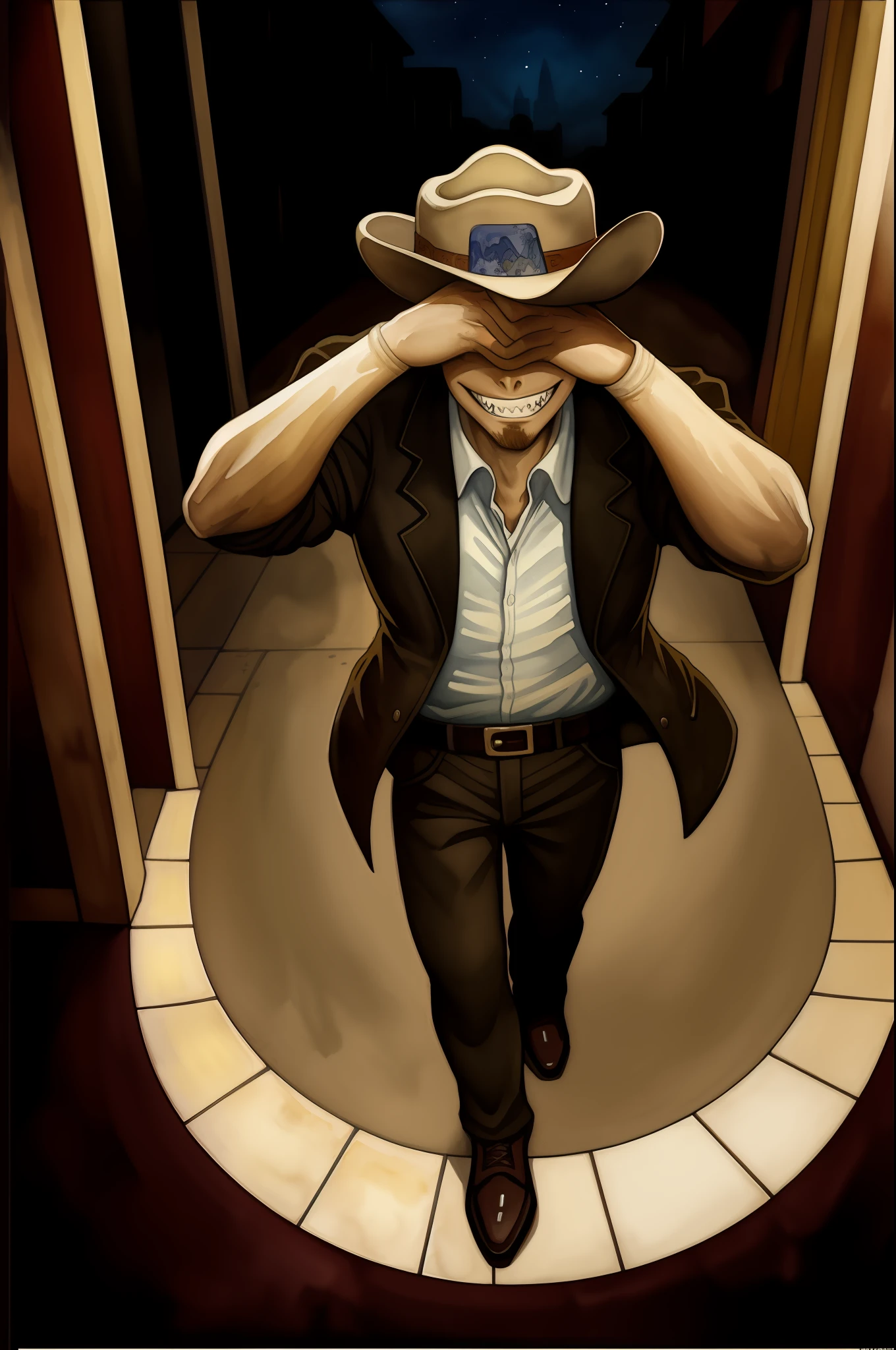 (From above:0.9)(From the side:0.4) realistic photorealistic dark detailed intricate, watercolor oil painting of a human male, in a busy western street at night, cowboy shot, cowboy hat, (hat covering eyes:1.3), looking down, grin, sharp teeth, looking at the viewer, art by Alphonse Mucha, art nouveau,