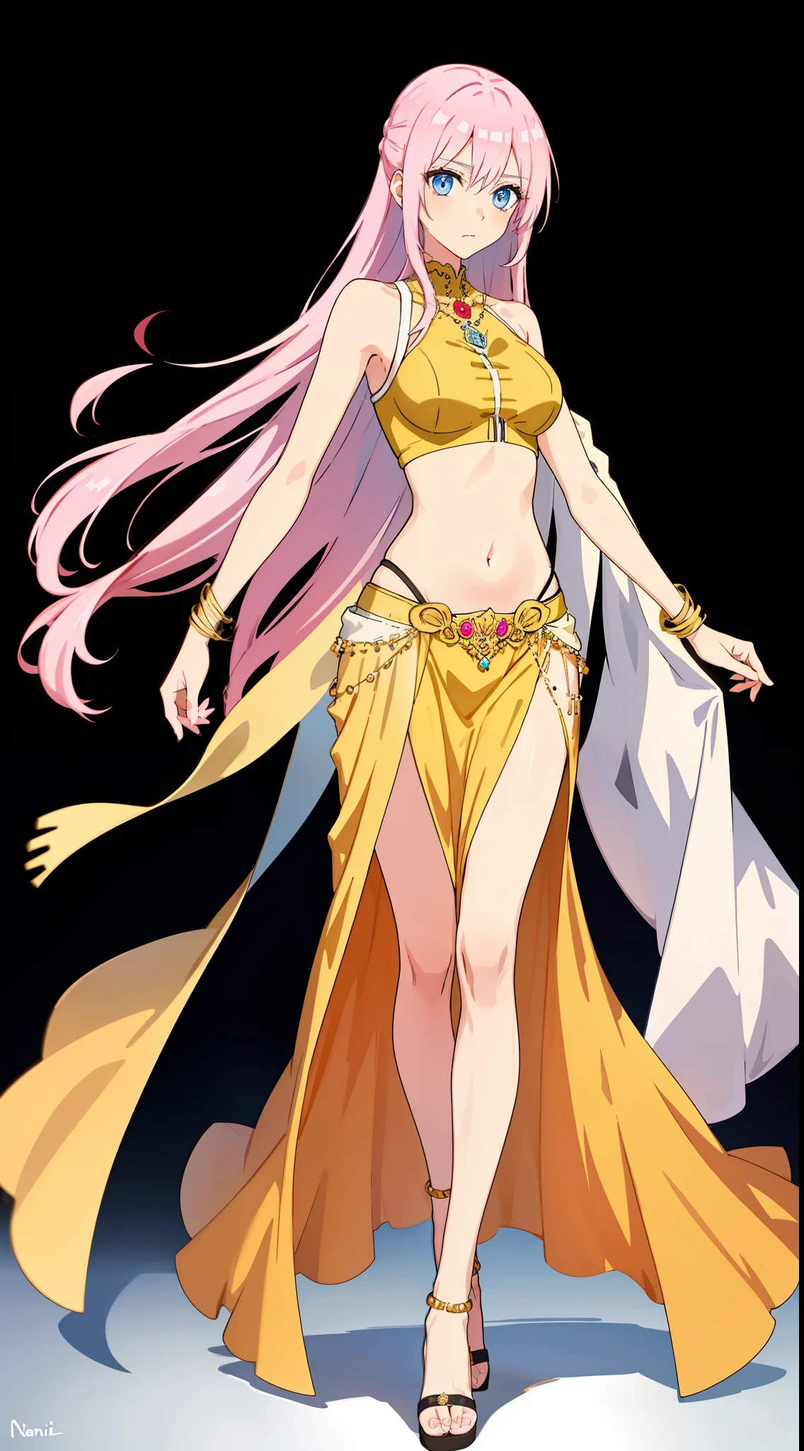 shikimori, medium breast, slim legs, yellow gown, navel, skirt, standing, beautiful eyes, blue eyes, nervous, arabian belly dancer, black wallpaper,