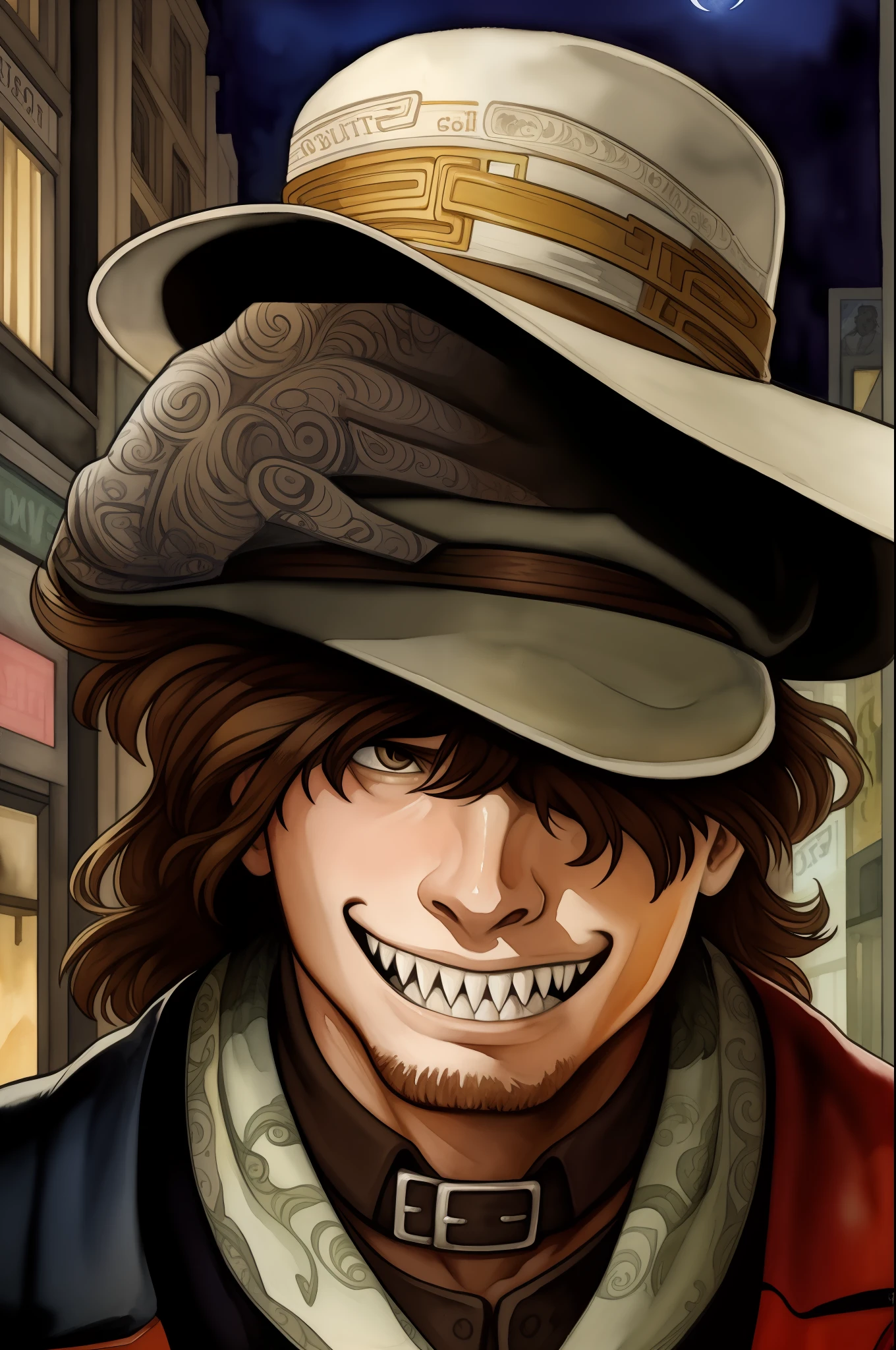 (From above:0.9)(From the side:0.4) realistic photorealistic dark detailed intricate, watercolor oil painting of a human male, in a busy western street at night, cowboy shot, cowboy hat, (hat covering eyes:1.3), looking down, grin, sharp teeth, looking at the viewer, art by Alphonse Mucha, art nouveau,