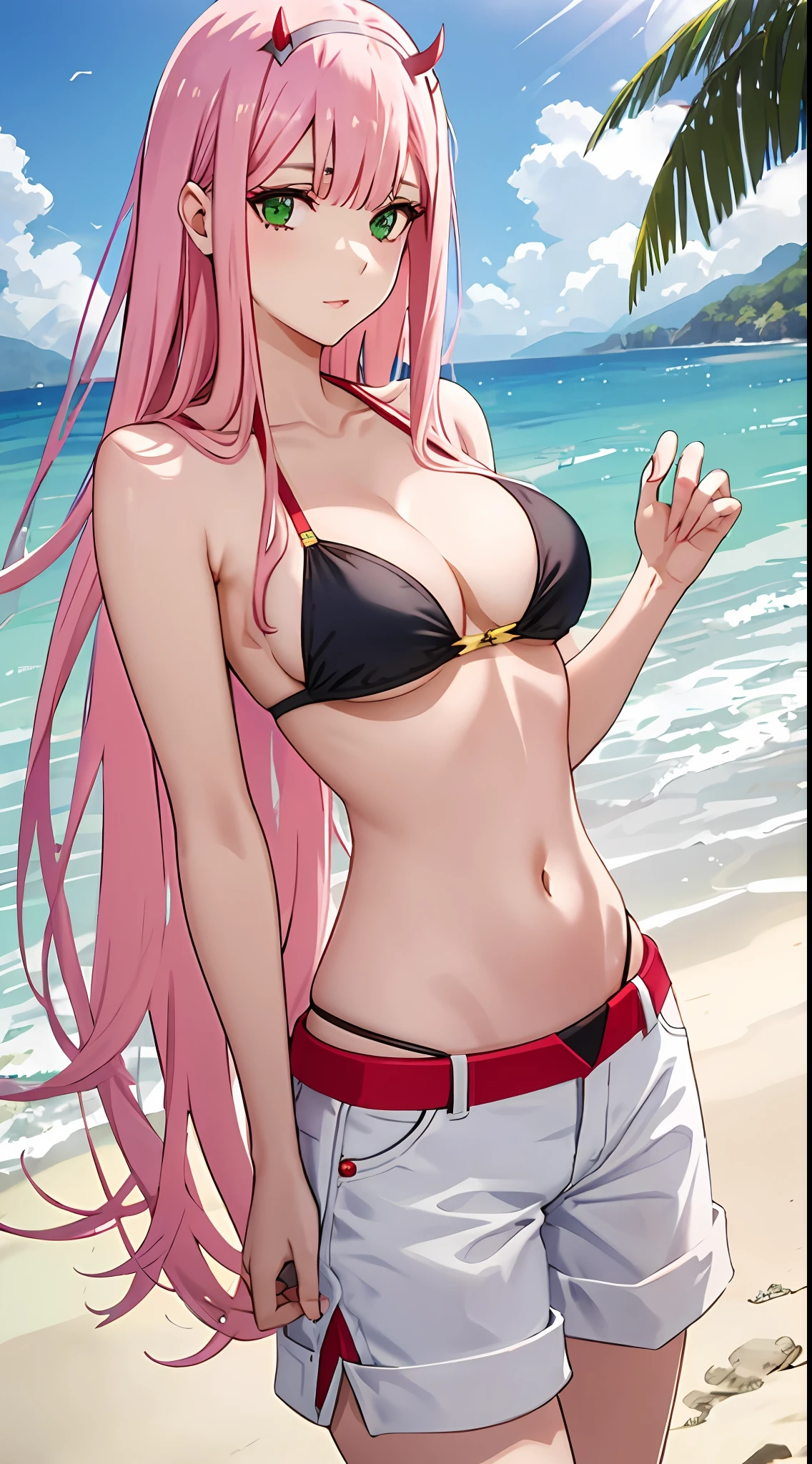 zero two, navel, medium breast, navel, slim legs, sunny day, Beach, leaning, beautiful eyes, green eyes, nervous, hot pants
