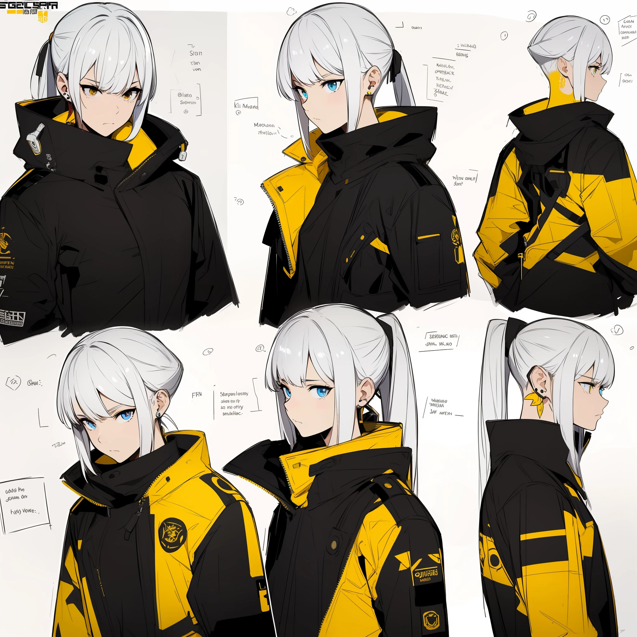 Yellow theme，Masterpiece,Best quality,offcial art,Extremely detailed Cg Unity 8K wallpaper,1girll, Joy, anger and sorrow on all kinds of expressions，Single ponytail hairstyle，Glowing fist，Mechanical headphones，（（（Yellow combat uniform））），a black cloak，Holding a laser metal weapon，White hair，character  design，juesesheji，Sketch line drawings,