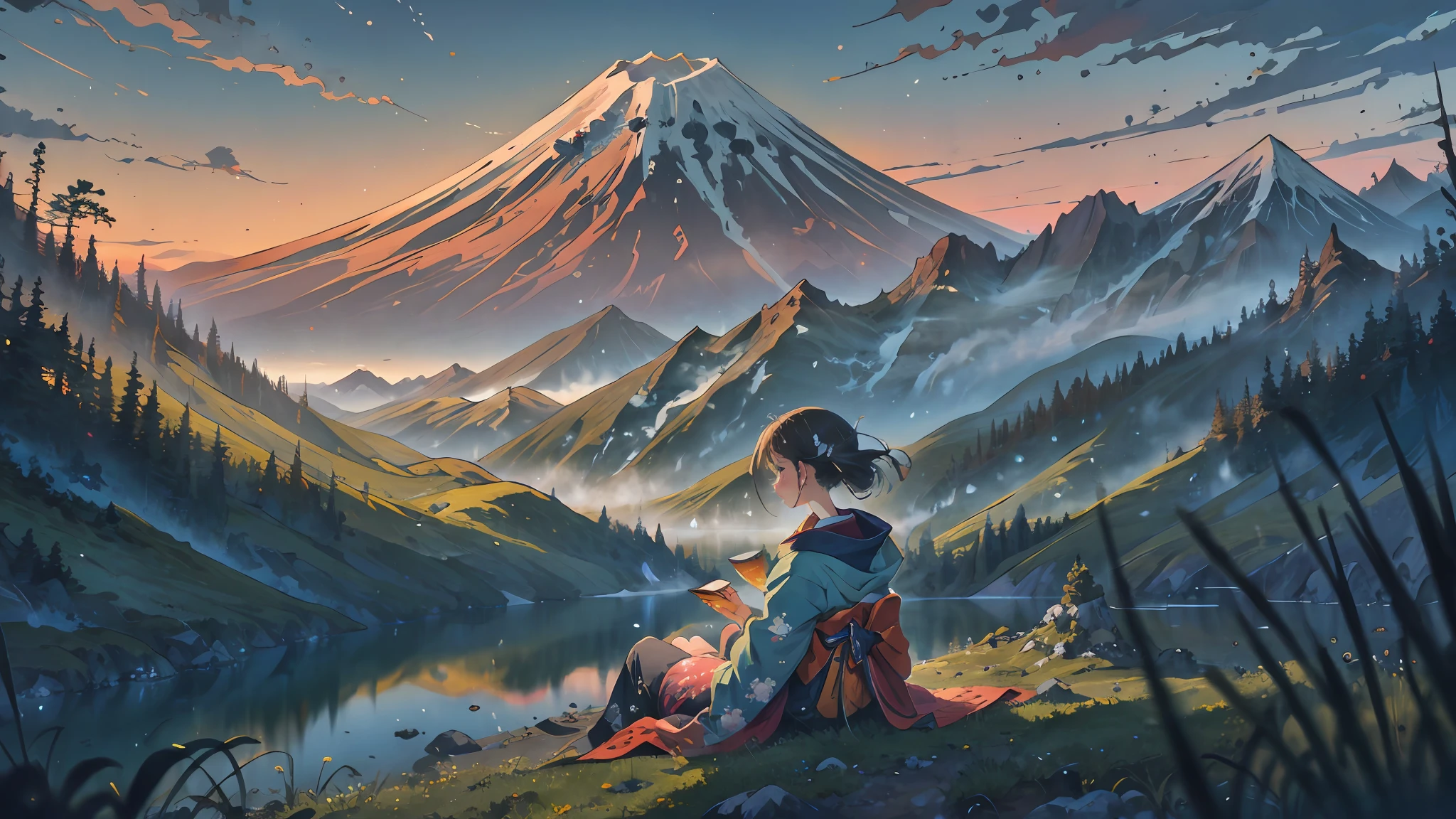 top-quality, masterpiece, ighly detailed, 细致背景, ukiyoe painting, 1girl in, younggirl, short girl, kimono, retro, Mount Fuji Lansdscape, plein air,, Beautiful sky, Picnic on the lake, landscapes, landscapes, horizon, Mountains sitting near mountains, the wind, looking at away, atmospheric lighting, solofocus, close, From the side, depth of fields,